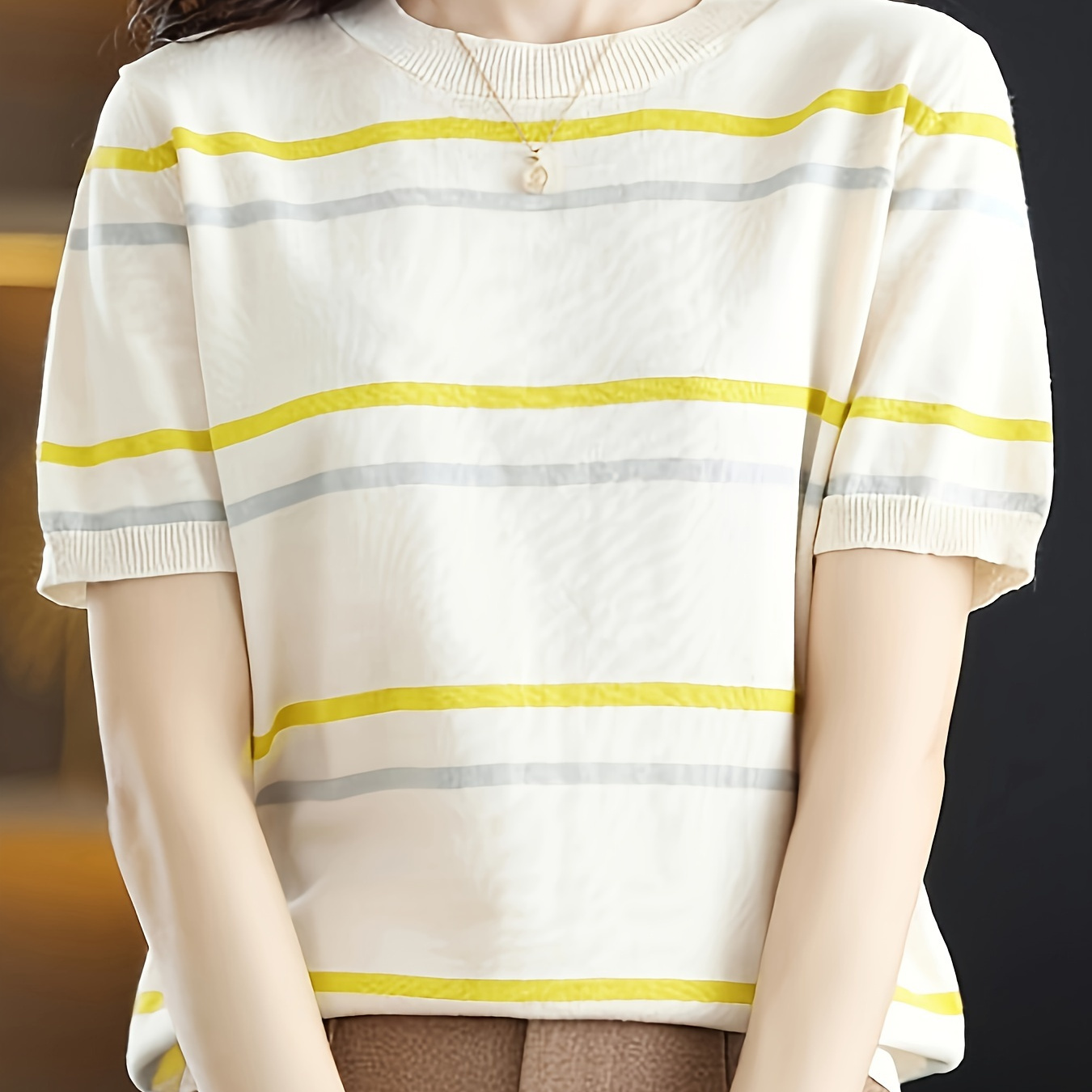 

Striped Crew Neck Knit T-shirt, Elegant Short Sleeve Top For Spring & Summer, Women's Clothing