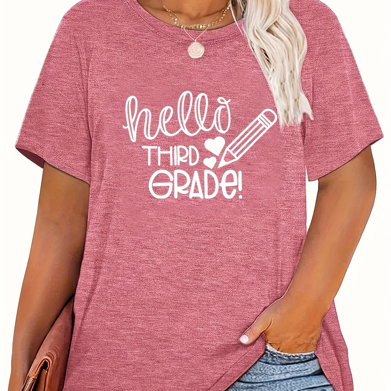 

Plus Size Hello Third Grade Print T-shirt, Casual Crew Neck Short Sleeve Top For Spring & Summer, Women's Plus Size Clothing
