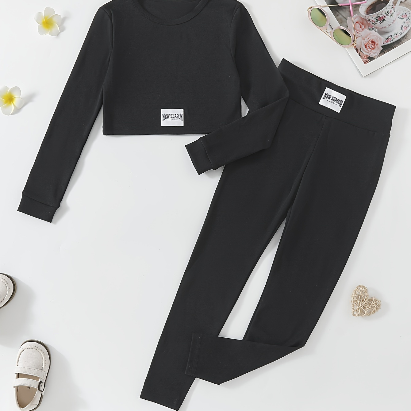 

Girl's Fashionable Black Long Sleeve Sports Suit Set For Spring/summer, Comfort Fit, Casual Athletic Wear