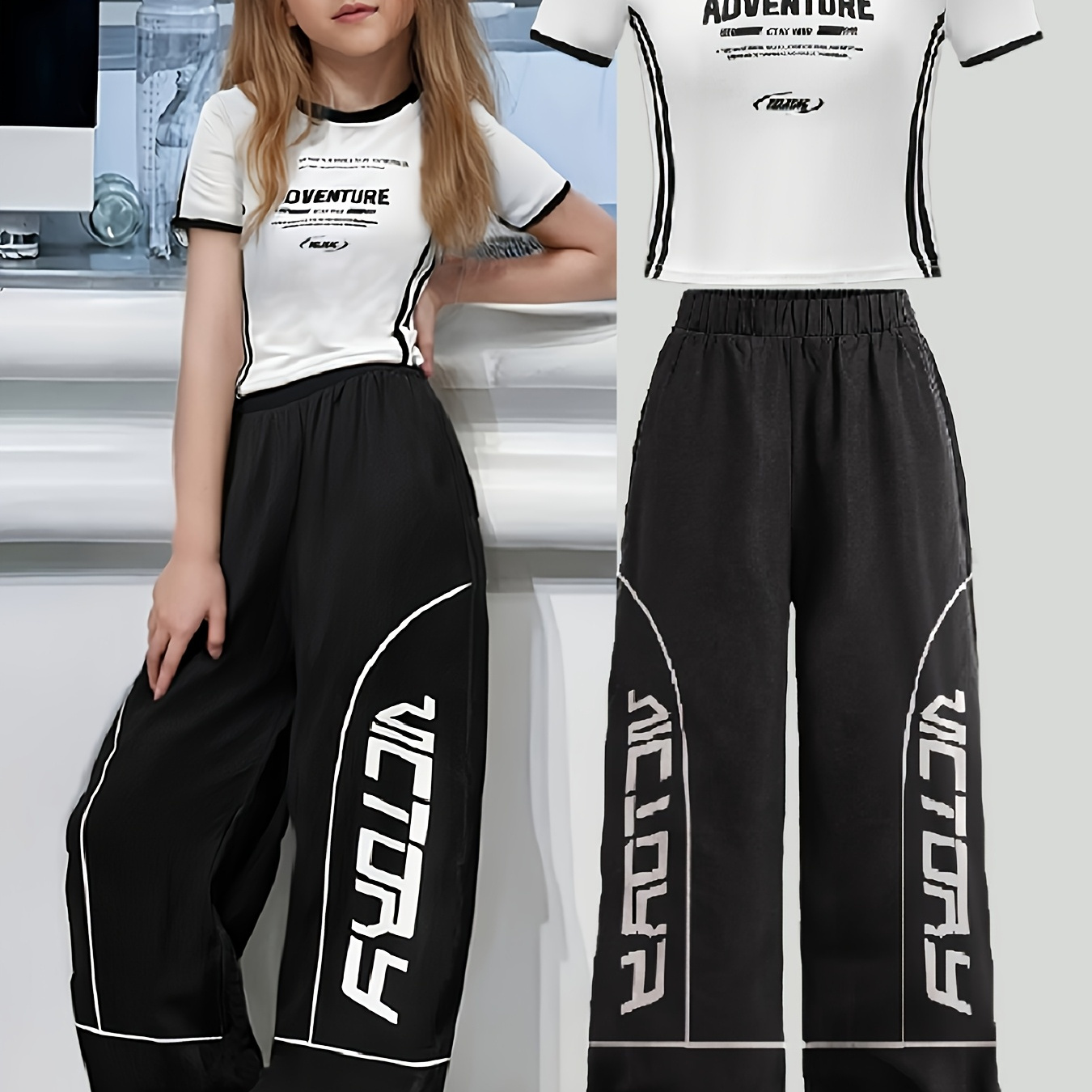 Tween Girls 2pcs Set: Oversized Graphic Tee & Wide Leg Pants | School to Vacation Outfit 8-12Y (Sizes 10-14), Perfect for Outdoor