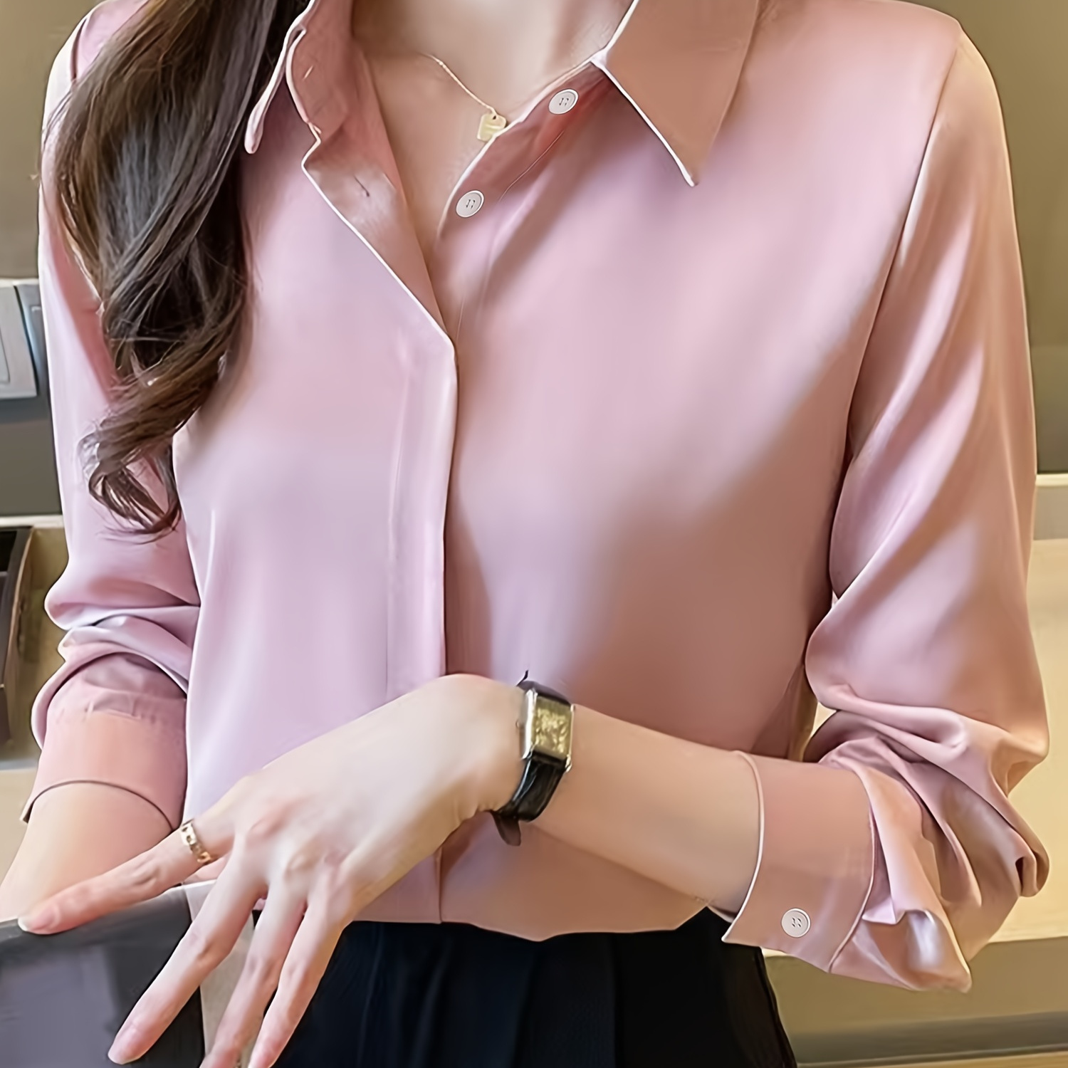 

Elegant Women's Long Sleeve Shirt - Chic Solid Color, Button-up, Polyester For Office & Casual Wear