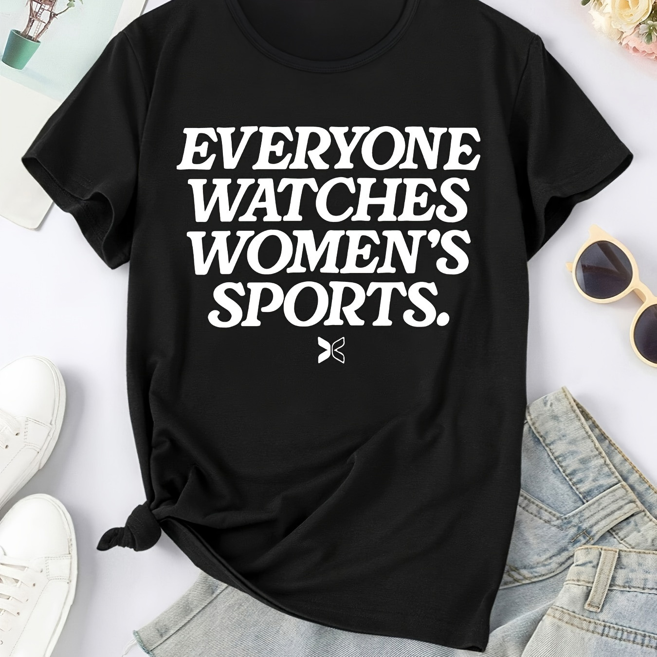

Women's Casual Short Sleeve Tee, "everyone Watches Women's Sports" Print, Round Neck, Sporty Everyday Top