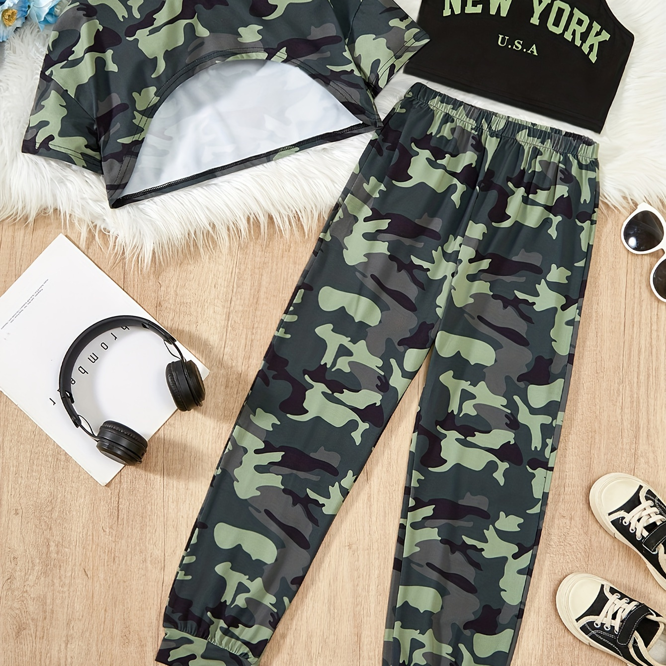 

Girl's Camouflage Outfit, Crop Tee Top + Camisole + Cargo Pants Set, Holiday Casual Girls Summer Clothes