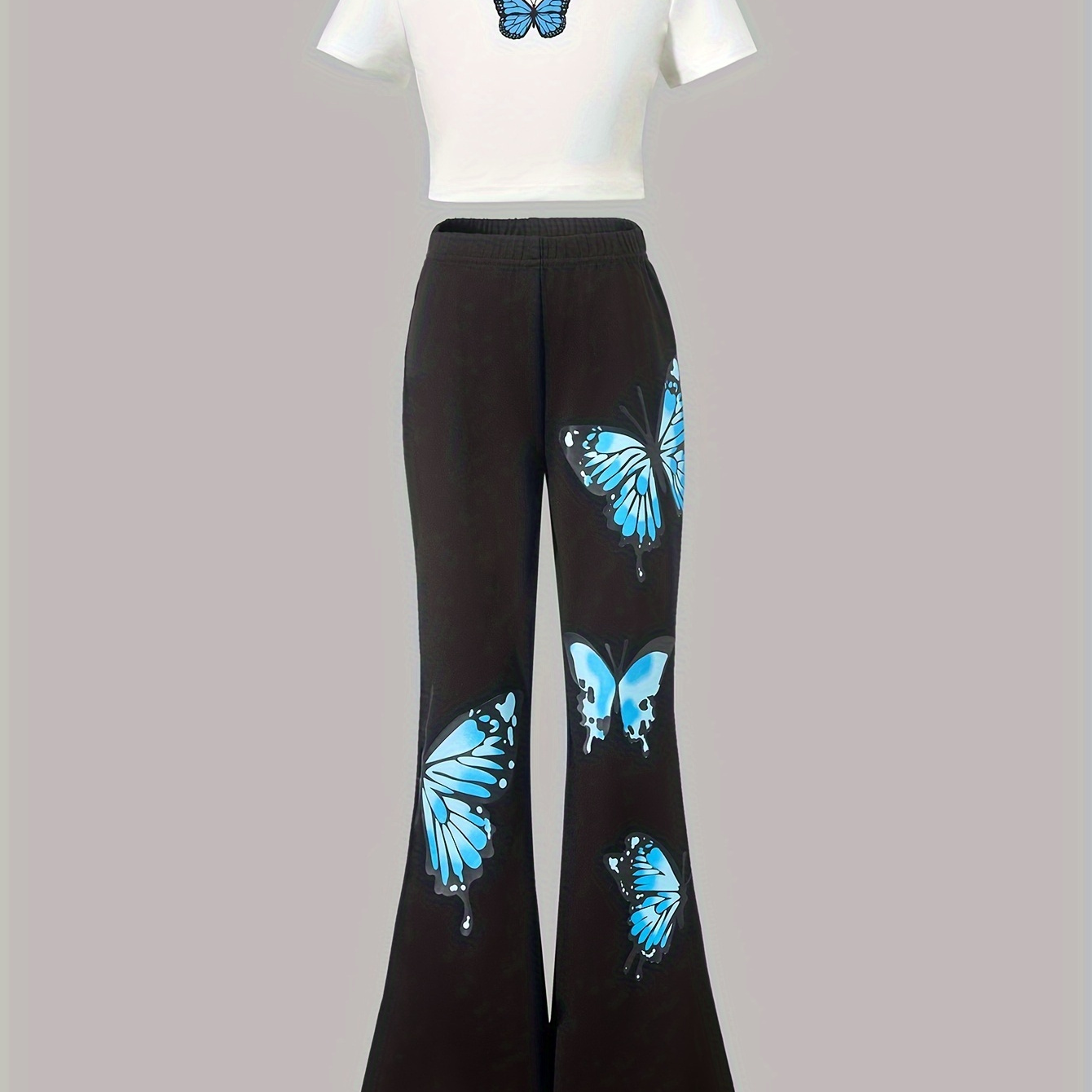 

2pcs, Butterfly Print Outfits, Girls Short Sleeve T-shirt Top + Flare Pants Set For Summer Gift Outdoor Party