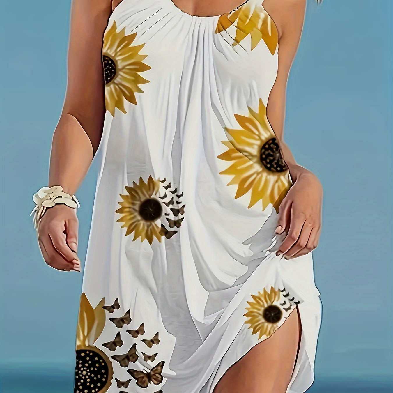 

Targeted Development Of Fashionable Sunflower Print Sleeveless Vest Dress For Vacation Style Dress