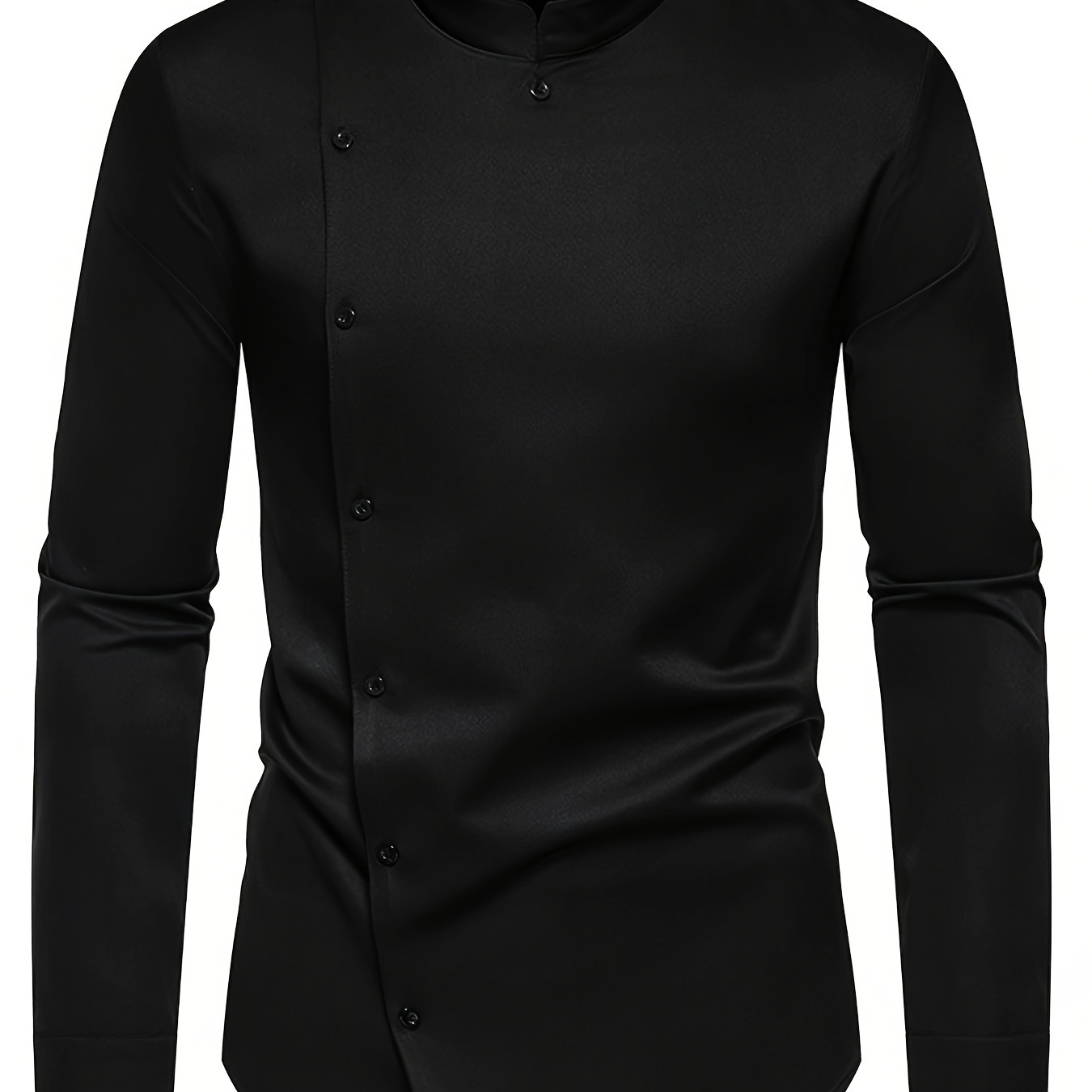 

Solid Color Men's Irregular Buttons Long Sleeve Stand Collar Shirt, Spring Fall Men's Novelty Blouse