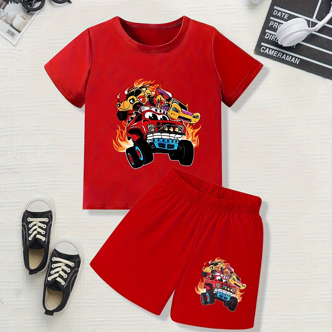 

2pcs Boys Casual Cartoon Cars Graphic Print Short Sleeve T-shirt&shorts Set, Comfy Summer Kids Clothes