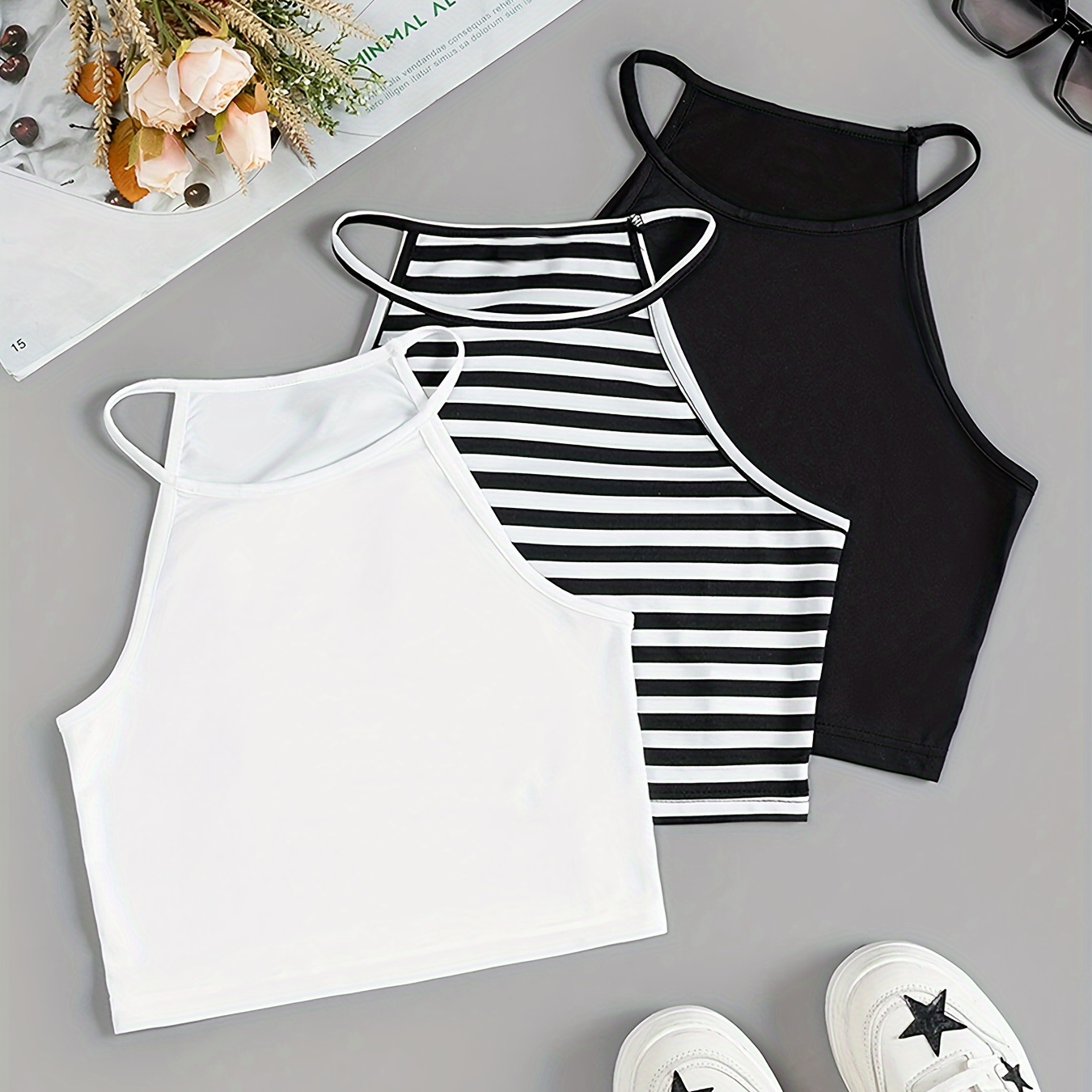 

3pcs Spaghetti Strap Top, Casual Sleeveless Crop Cami Top For Spring & Summer, Women's Clothing