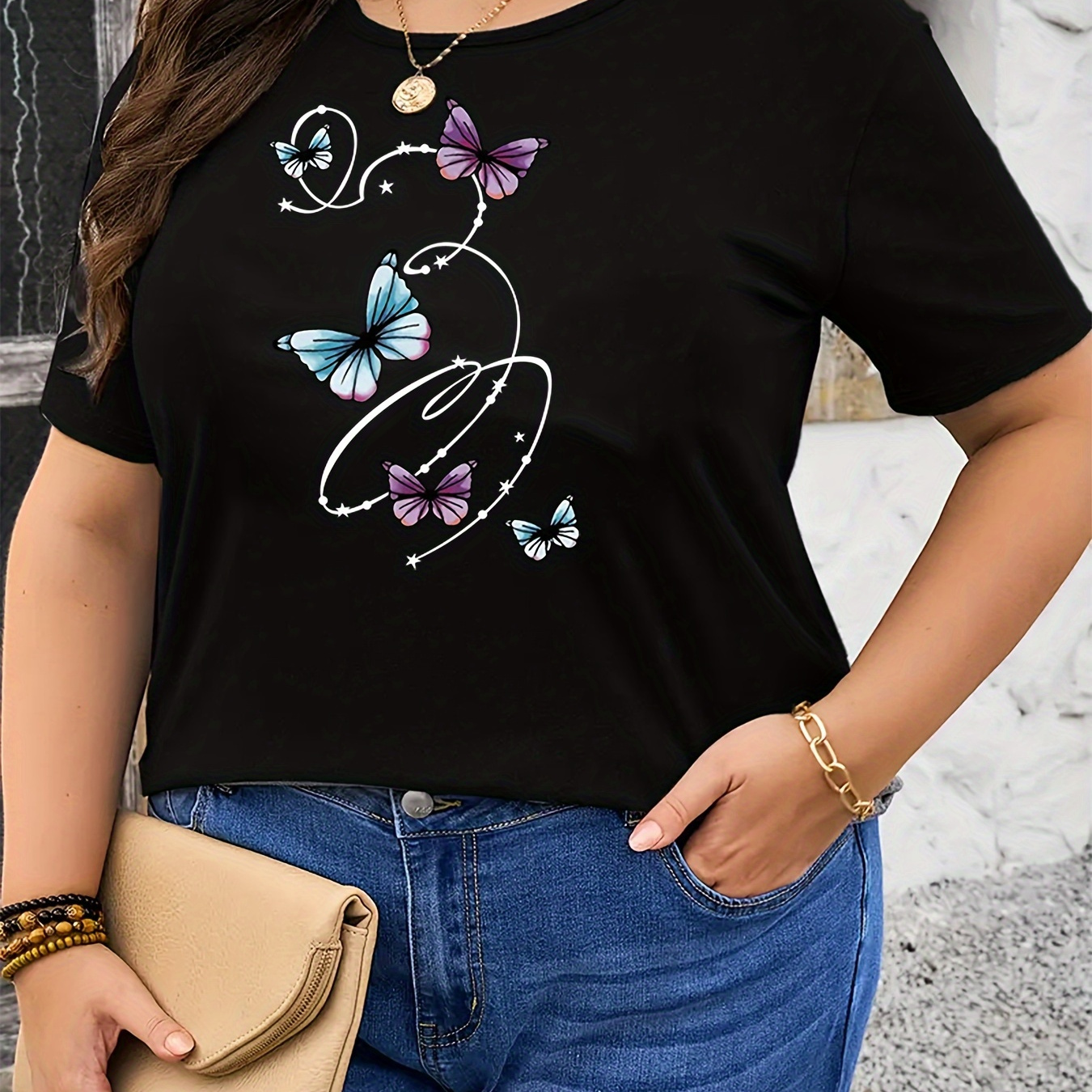 

T-shirt Imprimé Papillon Grande Taille, T-shirt Décontracté À Manches Courtes Et Col Rond, Vêtements Grande Taille Pour Femmes