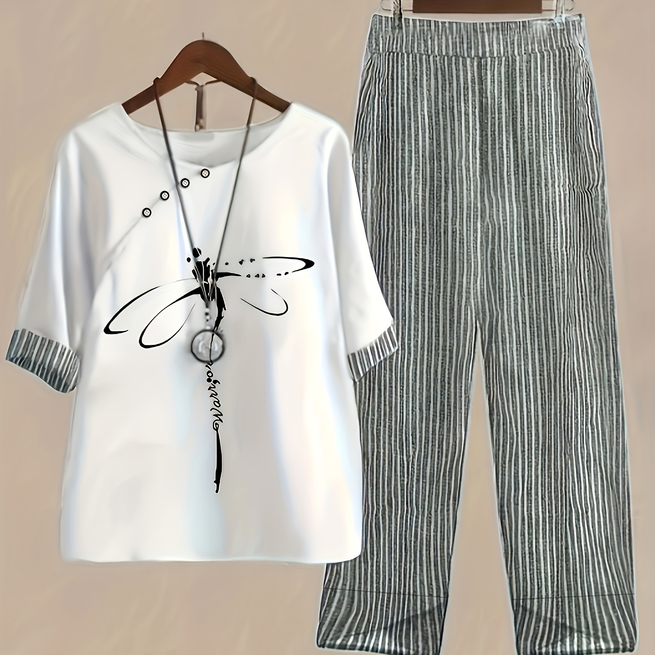 

Dragonfly & Stripe Print Two-piece Set, Contrast Trim Crew Neck Top & Baggy Pants Outfits, Women's Clothing