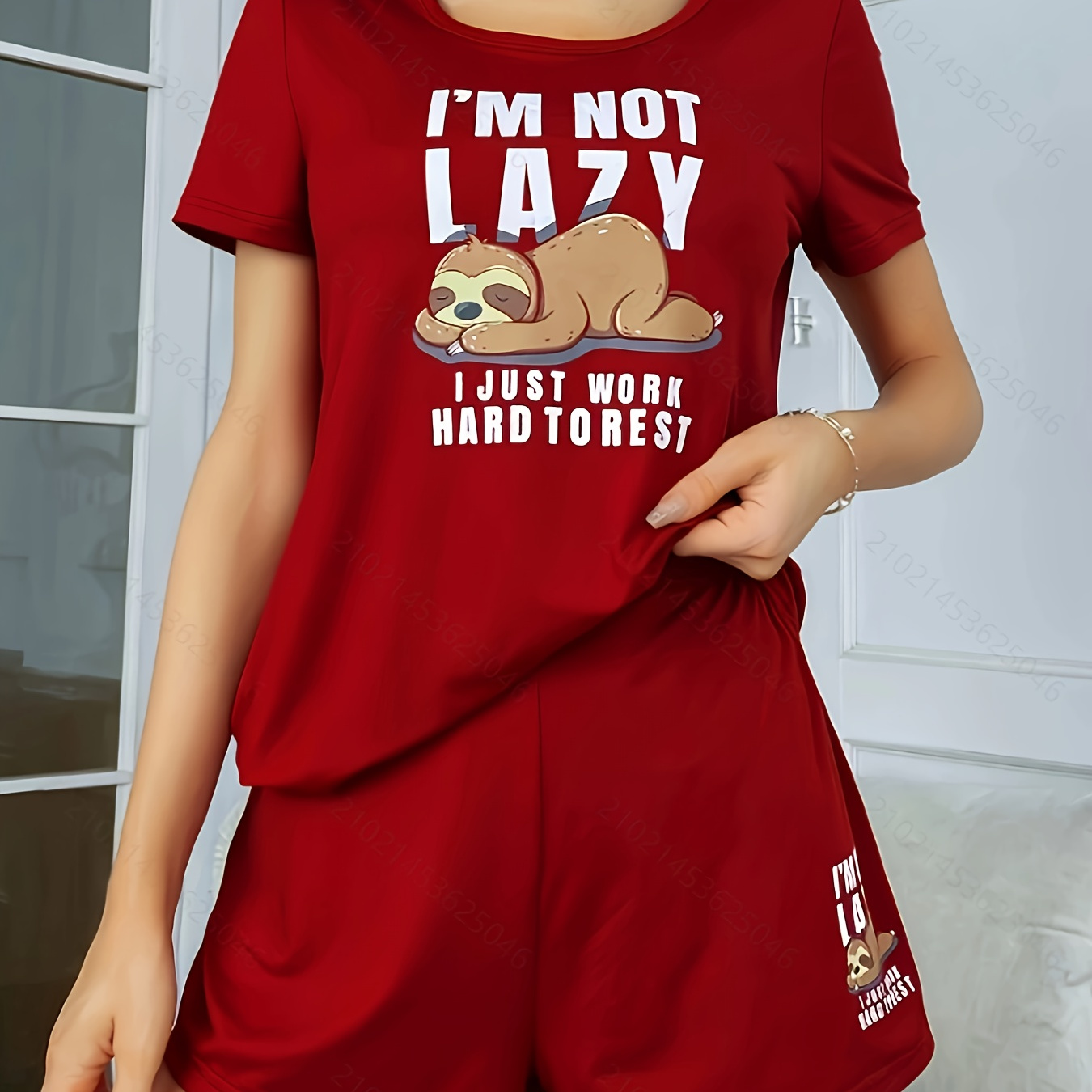 

Women's Cute Sloth & Slogan Print Pajama Set, Short Sleeve Round Neck Top & Shorts, Comfortable Relaxed Fit