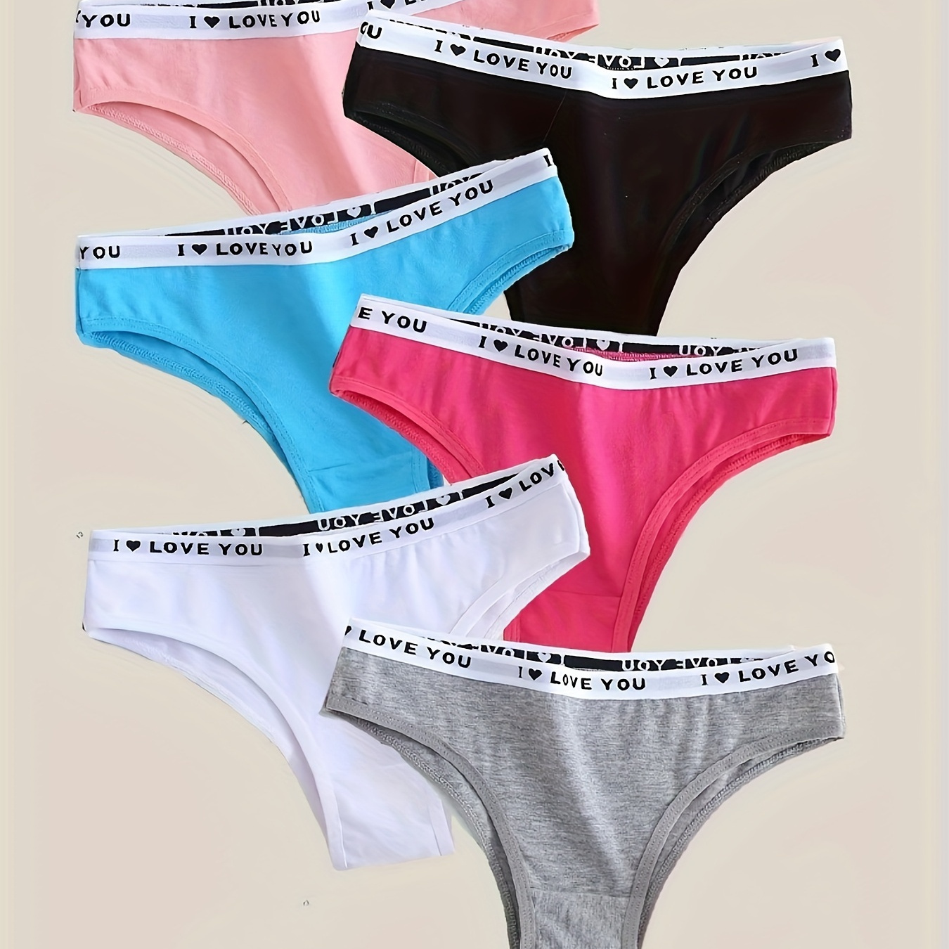 

6-pack Teen Girls Cotton Panties With 'i Love You' Waistband - Knit Briefs, Slight Stretch, Solid Color, Comfort, Size 14+