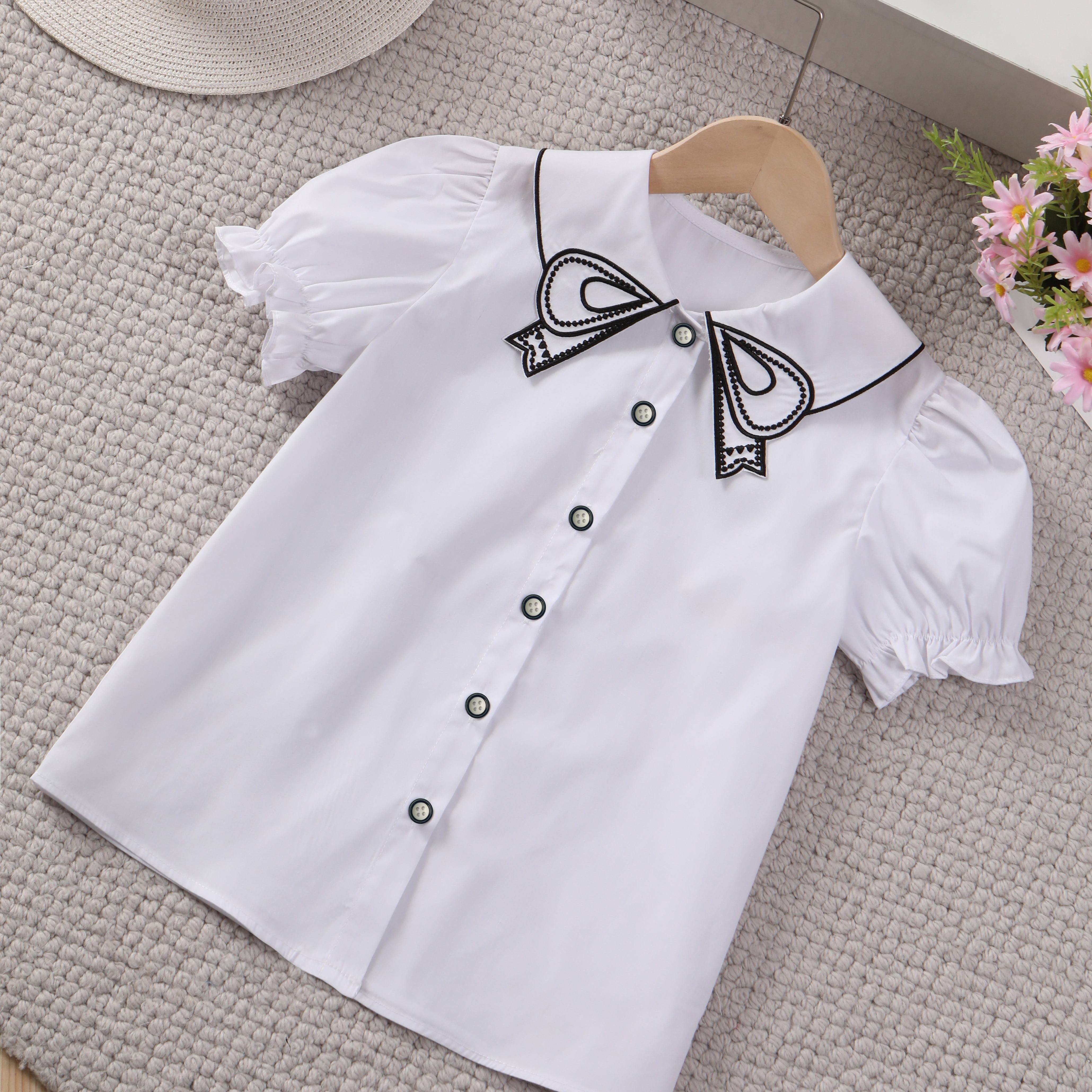 

Girls Bow Embroidery Collar Puff Sleeve Short Sleeve Shirt