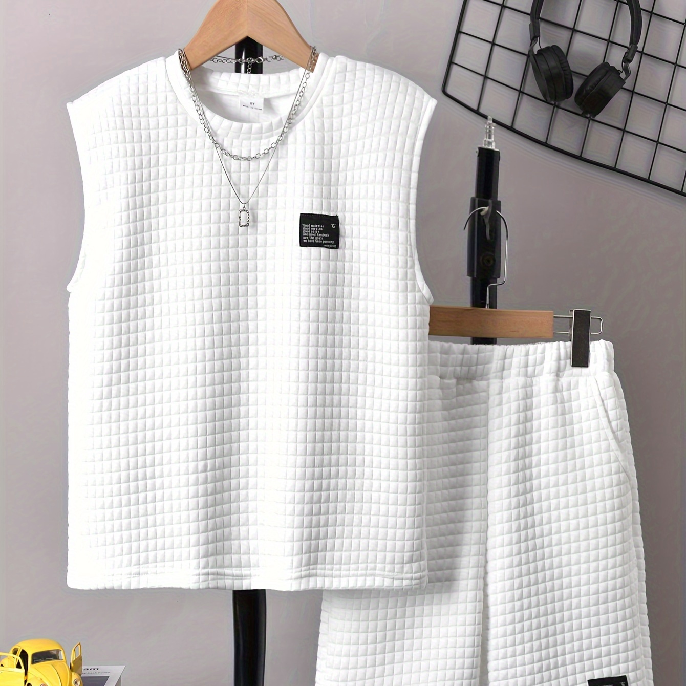 

2pcs Boys Waffle Solid Color Sleeveless Tank Tops&shorts Set, Casual Crew Neck Vest&shorts, Boys Clothing