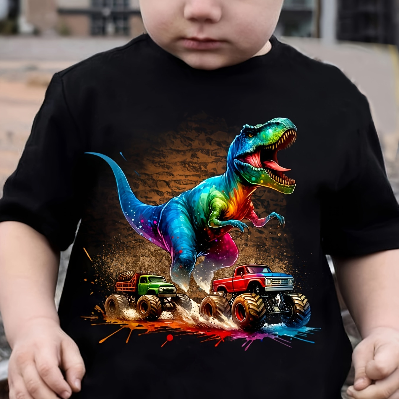 

Dinosaur & Trucks Graphic Print Tee, Boys' Casual & Trendy Crew Neck Short Sleeve T-shirt For Spring & Summer, Boys' Clothes For Outdoor Activities