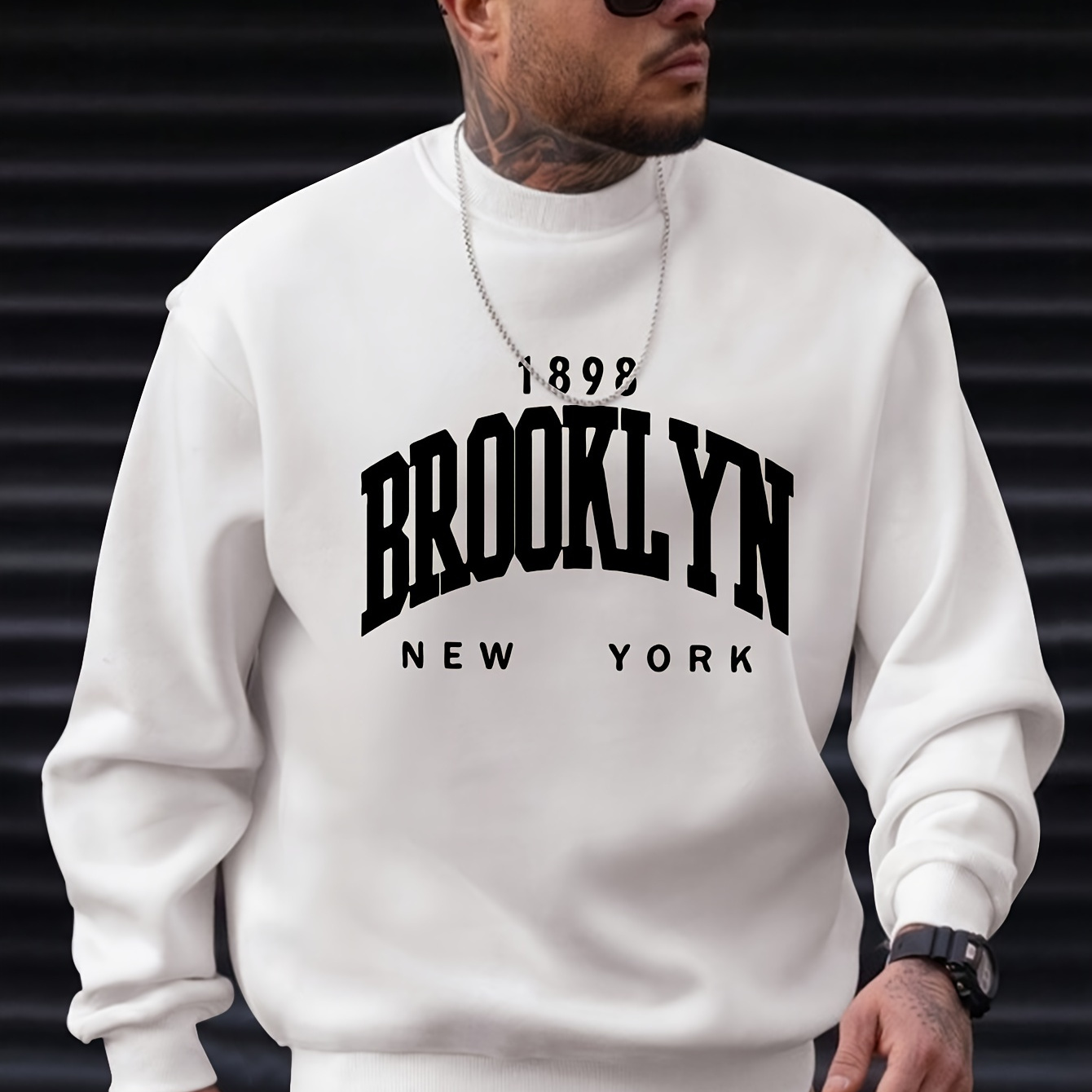 

1898 Brooklyn New York Print Men's Crew Neck Long Sleeve Sweatshirt, Stylish Pullover Sweatshirt, Casual Comfortable Versatile Top For Outdoor Sports