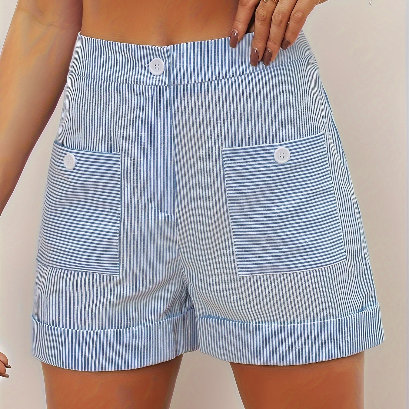 

Striped Button Rolled Edge Shorts, Elegant High Waist Shorts For Spring & Summer, Women's Clothing