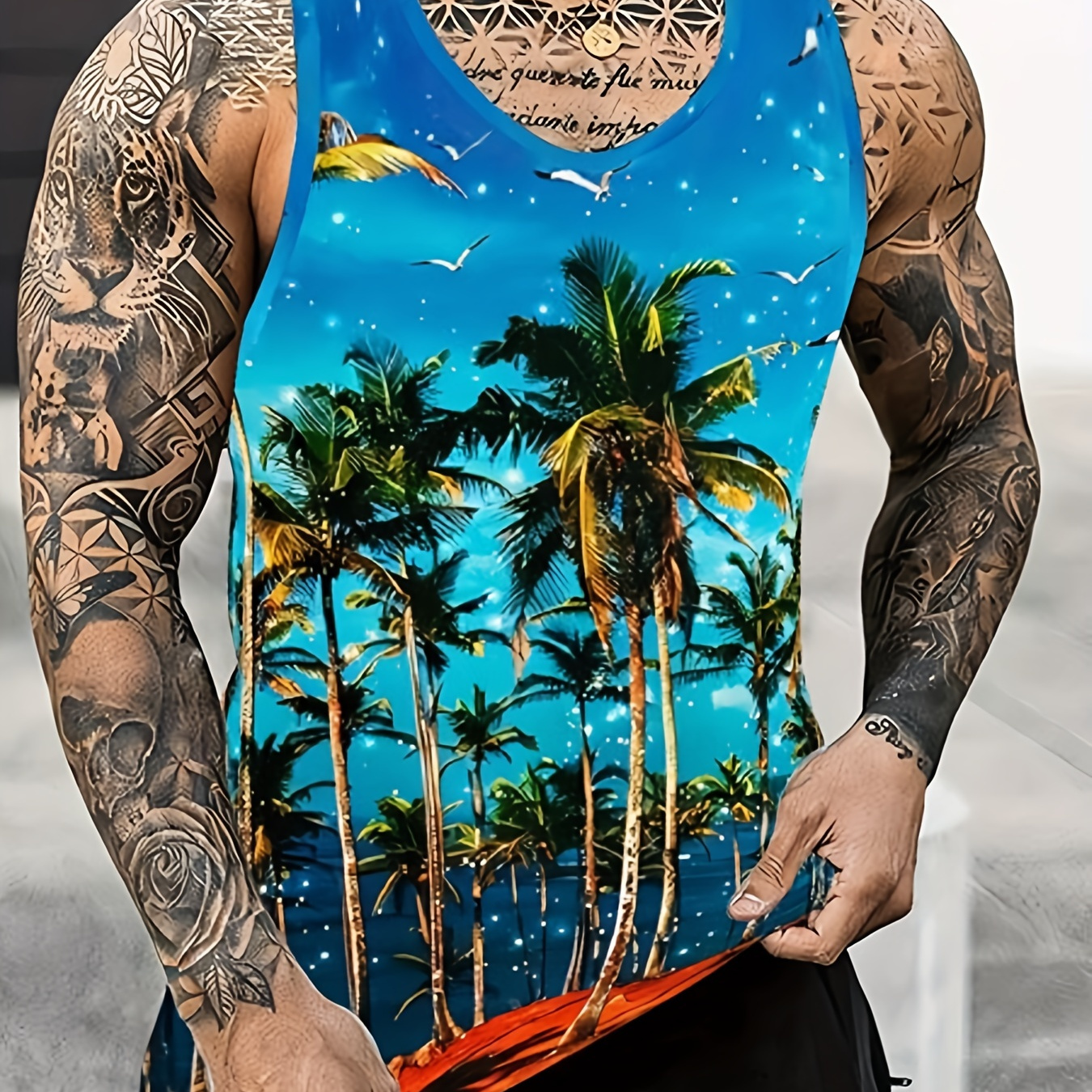 

Men's Trendy Hawaiian Crew Neck Graphic Tank Top With Fancy Palm Tree Print, Perfect For Summer Beach, Pool And Resort