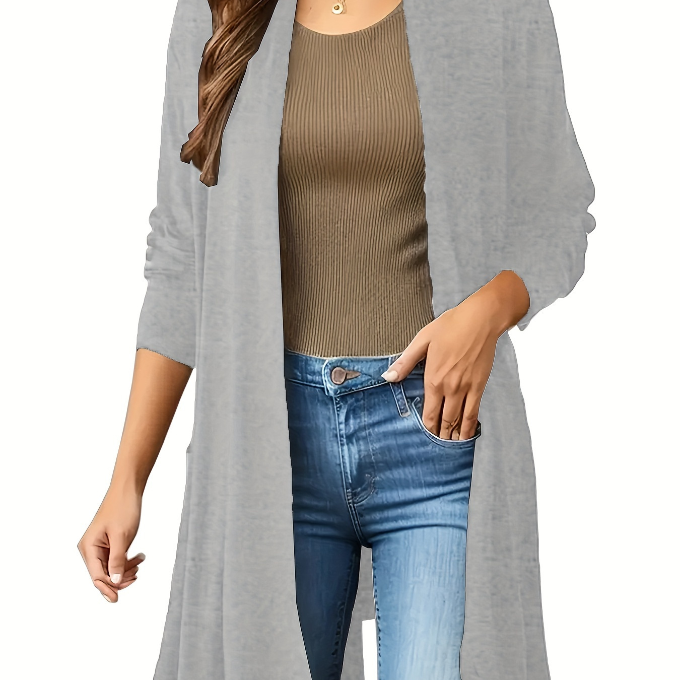 

Plus Size Solid Color Coat, Casual Open Front Long Sleeve Outerwear, Women's Plus Size Clothing