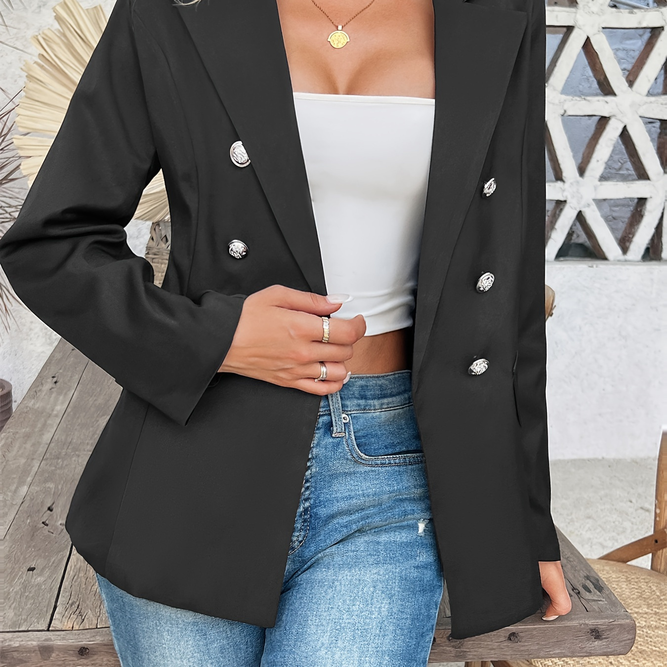 

Notched Collar Double-breasted Blazer, Elegant Solid Long Sleeve Blazer For Office & Work, Women's Clothing