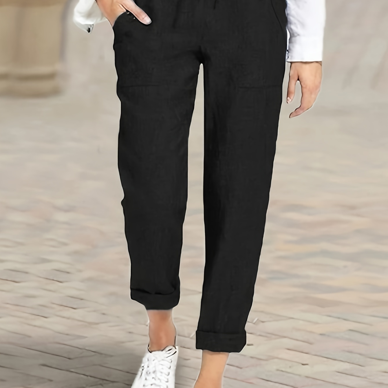 

Plus Size Solid Straight Leg Pants, Casual Elastic Waist Pants For Spring & Fall, Women's Plus Size Clothing