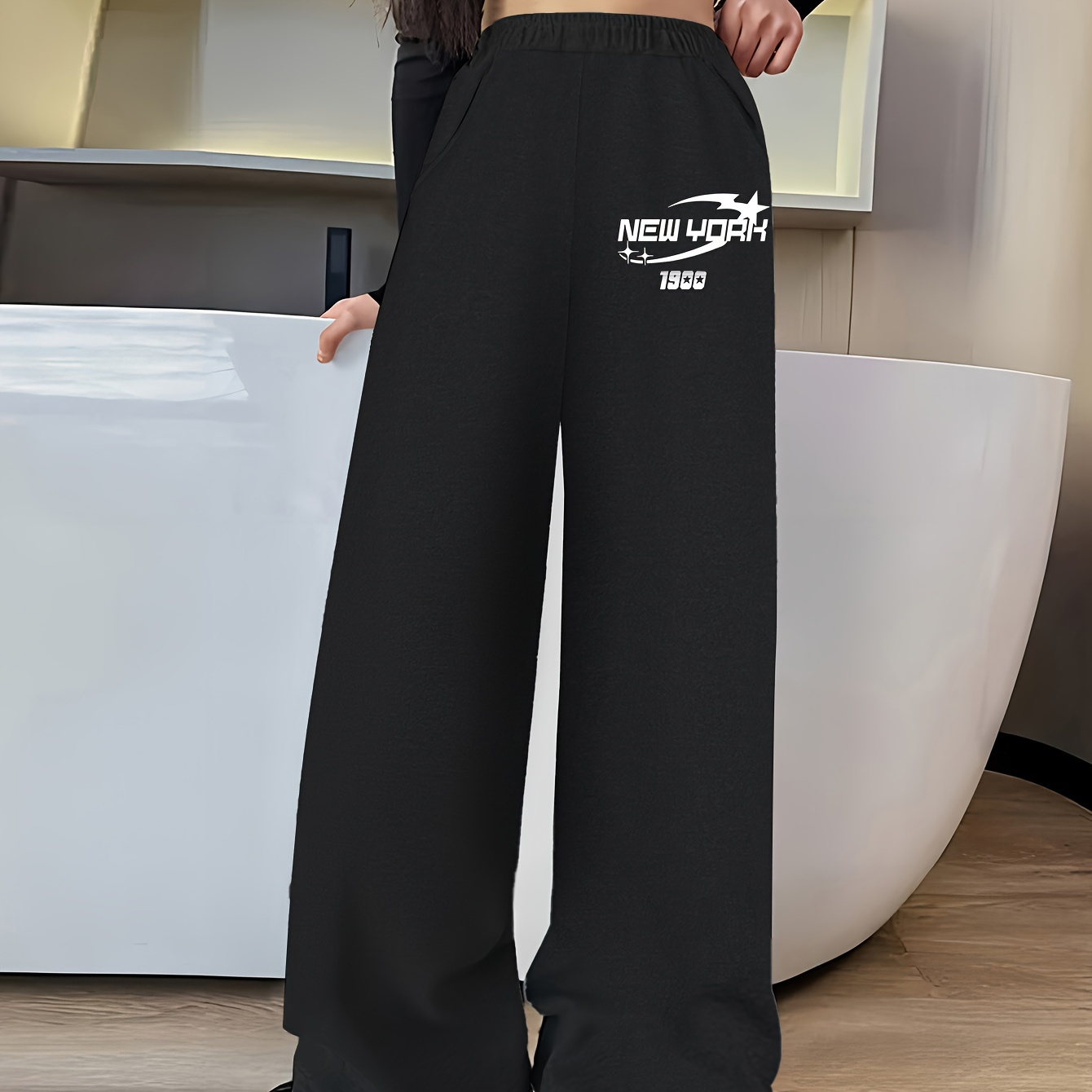 

New York 1900 Print Girl's Wide Leg Pants, Casual Comfortable Loose Trousers For Autumn