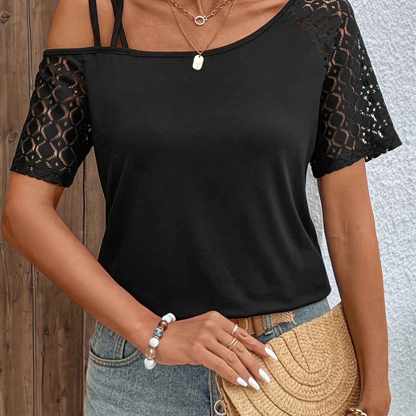 

Contrast Lace Cold Shoulder T-shirt, Elegant Solid Asymmetrical Neck Short Sleeve Backless Top, Women's Clothing