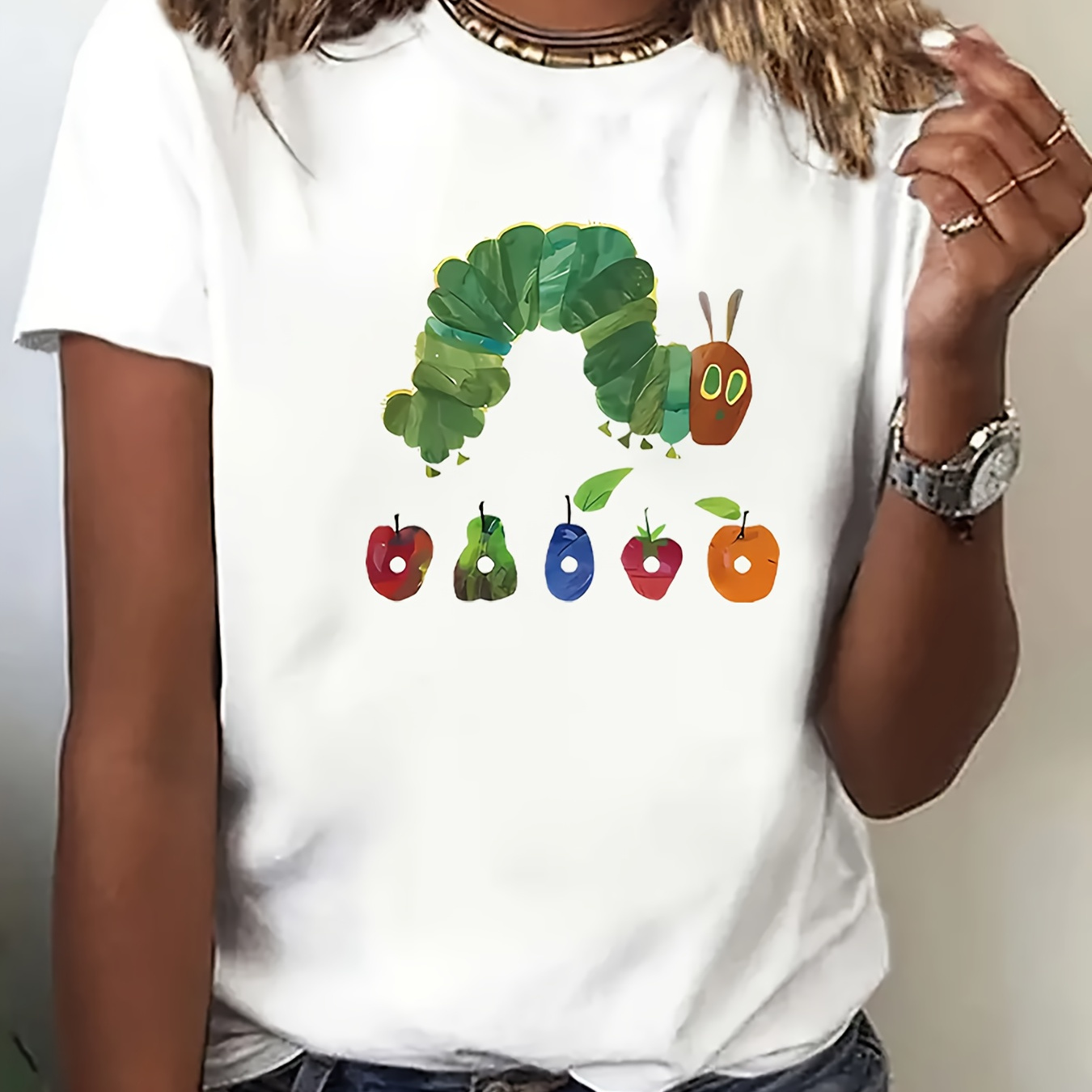 

Casual Polyester Women's T-shirt With Crew Neck And The Very Fruit Print, Knit Fabric, Regular Length For All - Drawing Pattern Tee