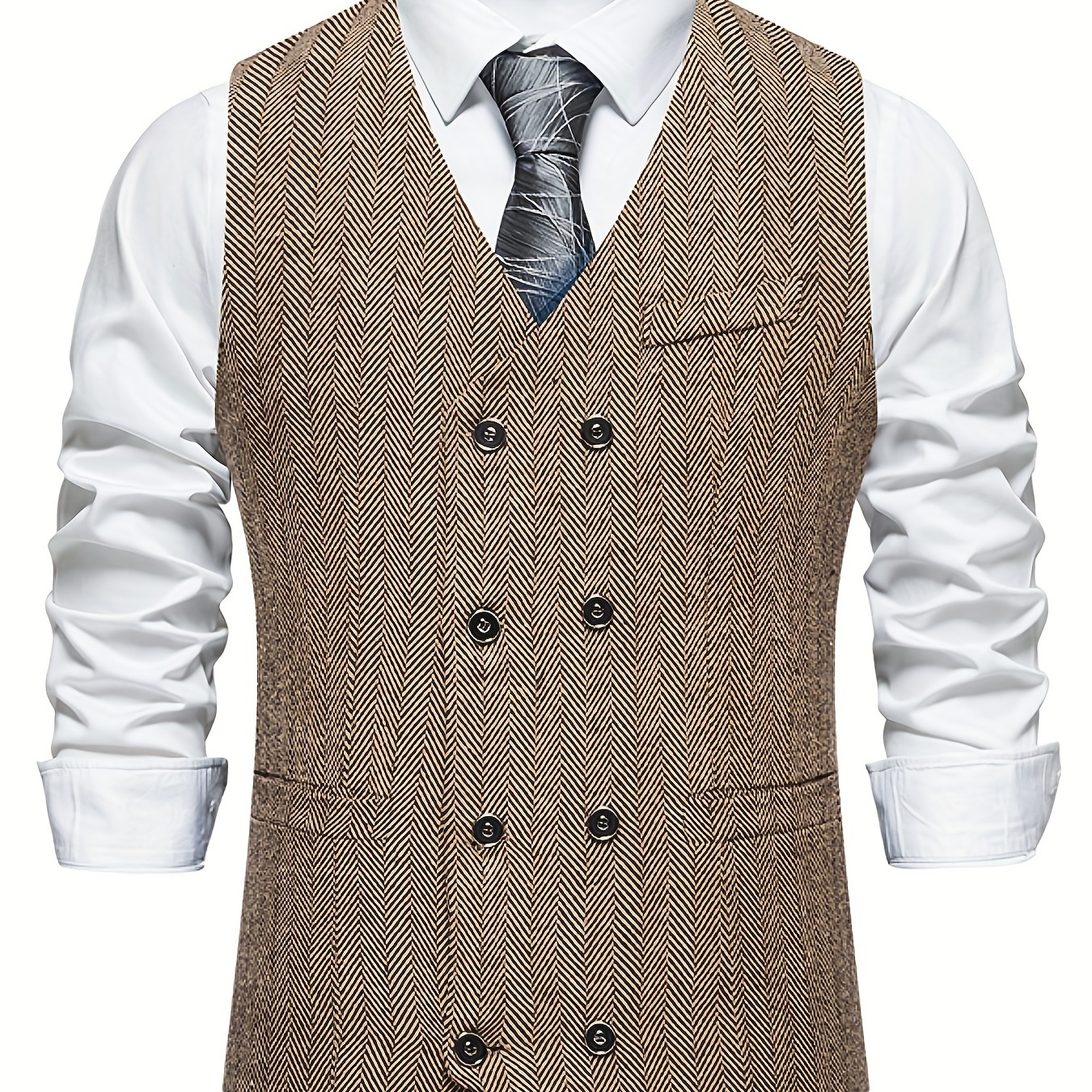 Elegant Classic Herringbone Double Breasted Male Dress Vest Retro Suit Vest For Men Wedding Party