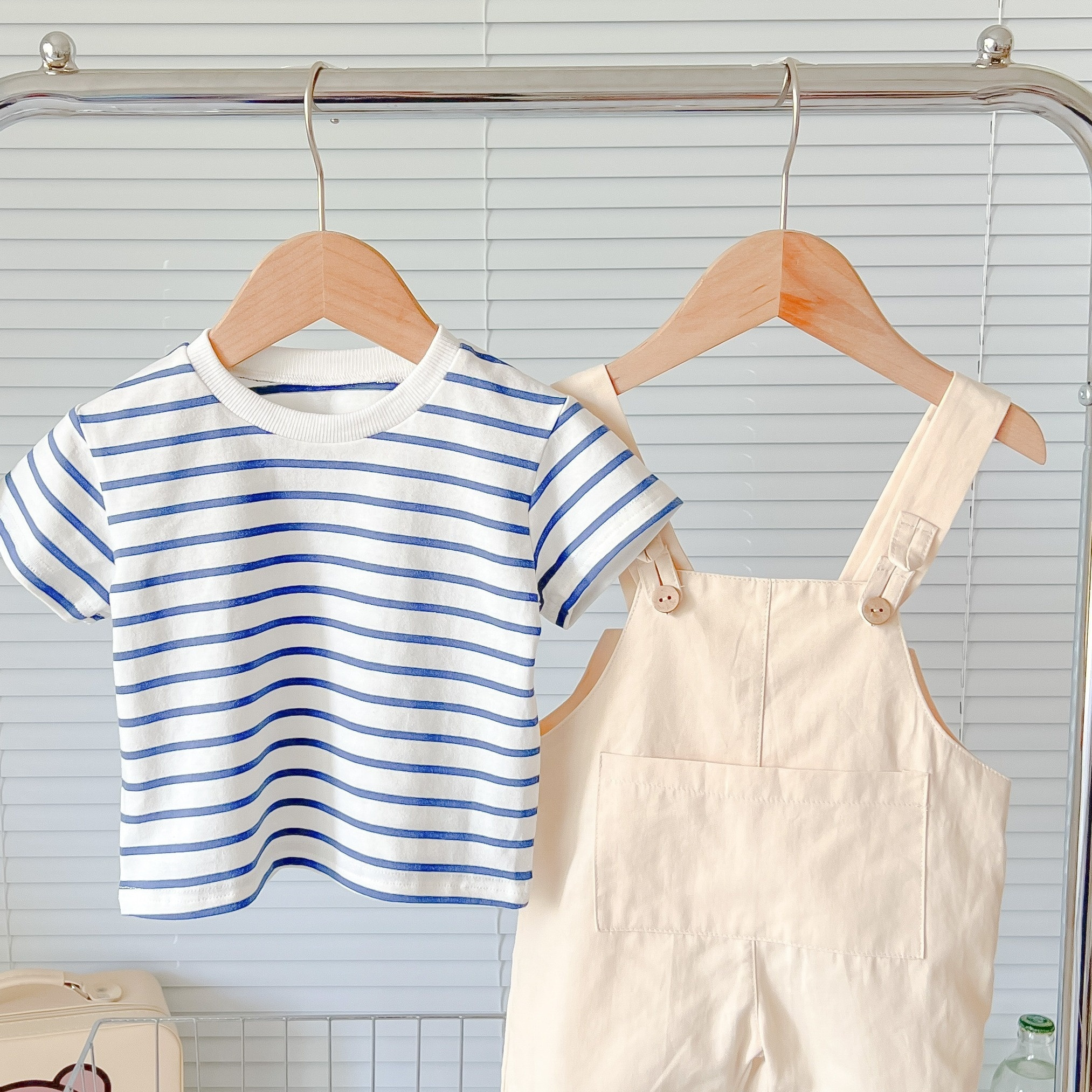 

2pcs Toddler's Casual 100& Cotton Summer Set, Striped T-shirt & Lovely Overalls, Baby Boy's Clothes