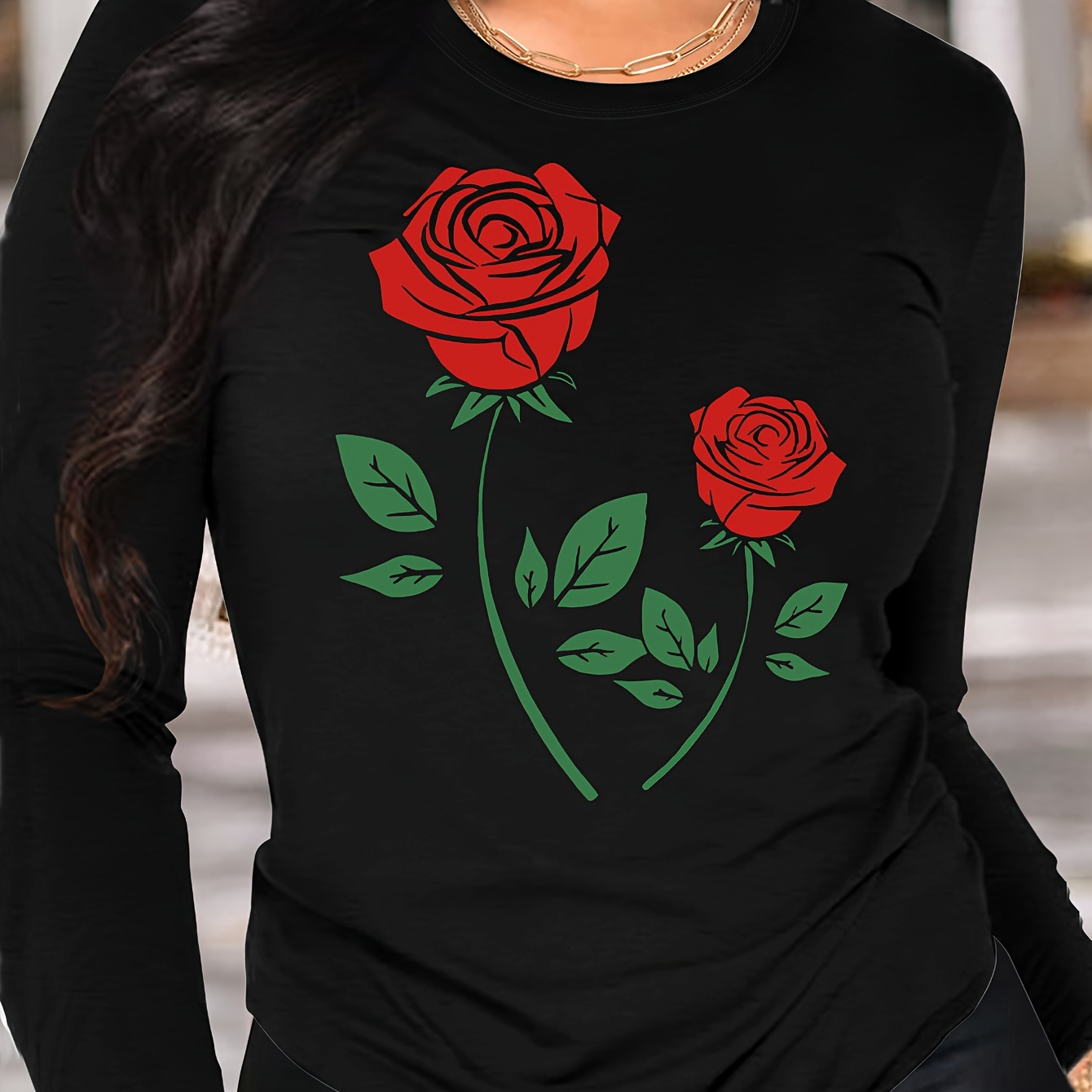 

Rose Print T-shirt, Long Sleeve Crew Neck Casual Top For Winter & Fall, Women's Clothing