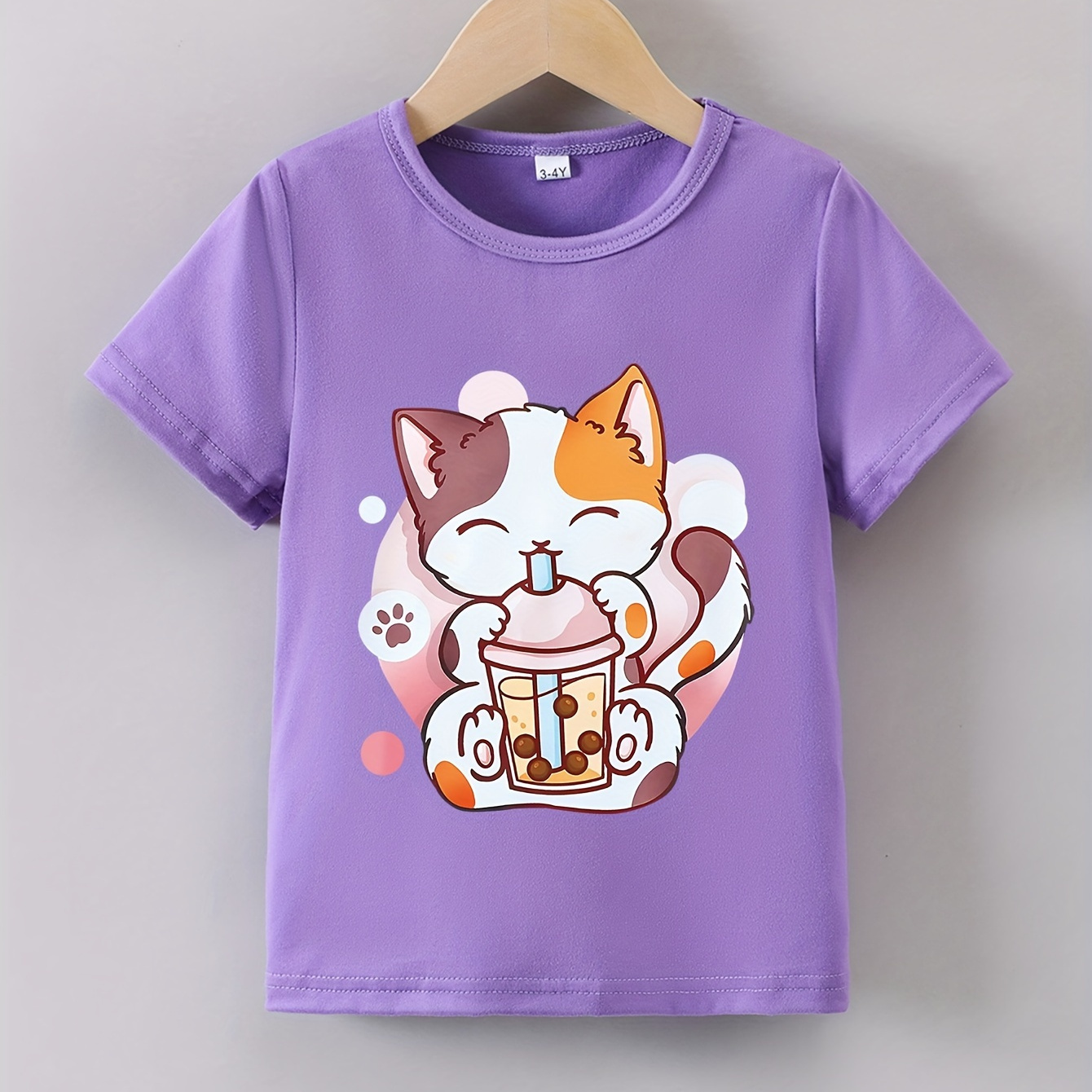 

Girls Summer Short-sleeved T-shirt, Girls' "cat With Bubble Tea" Cartoon Print, Casual Style, Round Neck Top