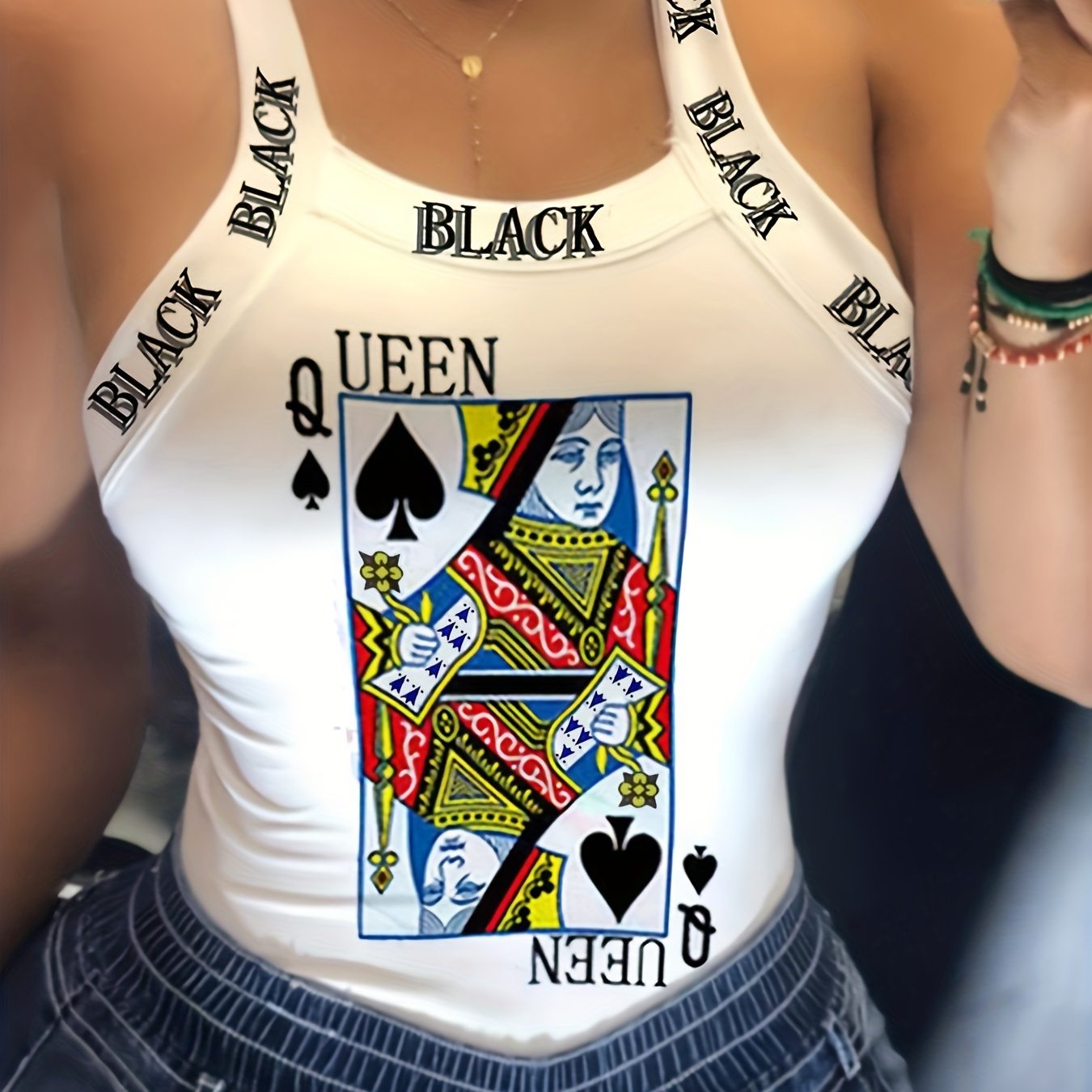 

Poker Queen Print Slim Cami Top, Sexy Back Bow Spaghetti Strap Top For Summer, Women's Clothing