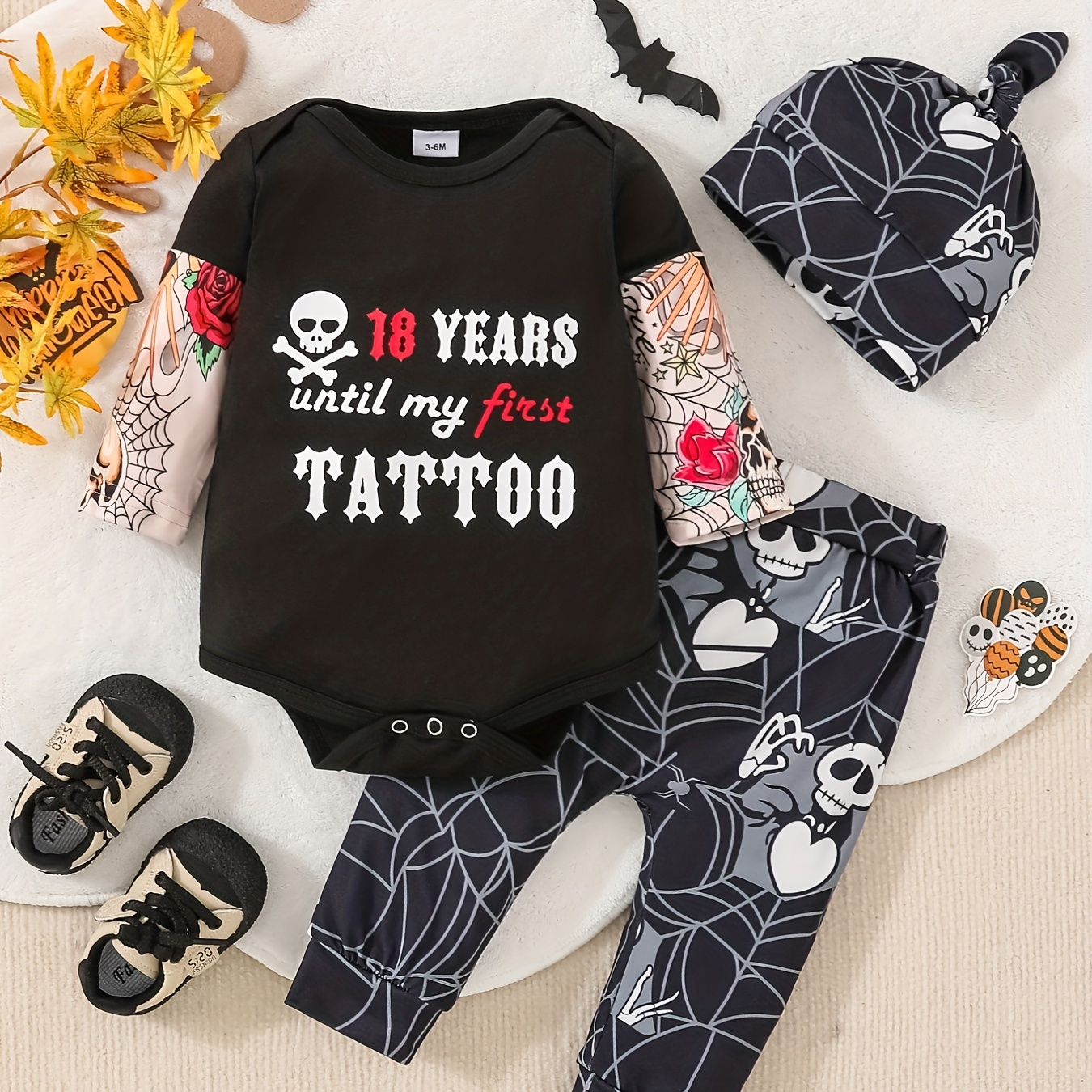 

Newborn Baby Boy Outfit - Tattoo Sleeve Funny Letter Print Bodysuit Pants Hat 3pcs Infant Boy Outfits Set Halloween