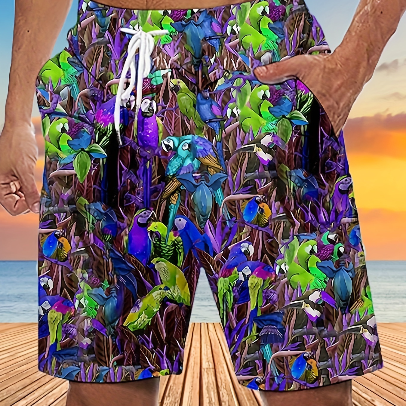 

Men's Casual Bird Print Active Shorts, Drawstring Beach Shorts For Summer Beach Resort