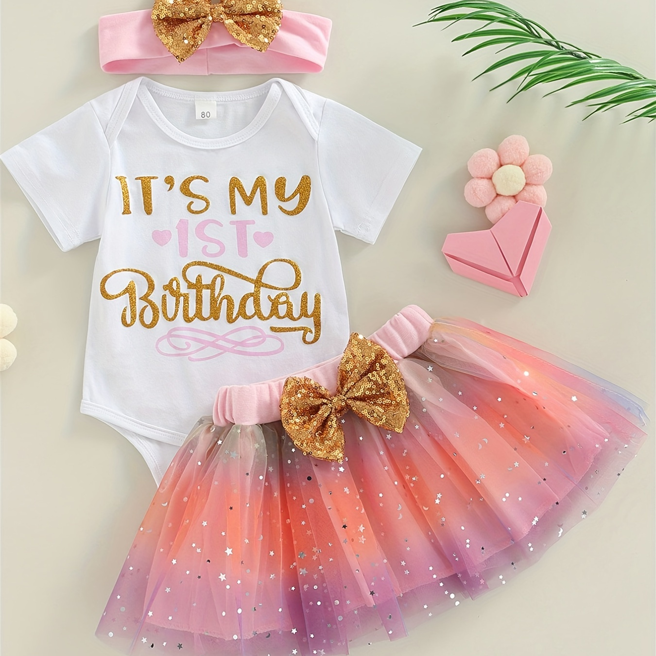 

3pcs Baby Girls Cute "it's My 1st Birthday" Graphic Short Sleeve Onesie Romper & Mesh Bowknot Skirt & Headband Set, Party Birthday Gifts, Kids Cotton Clothes