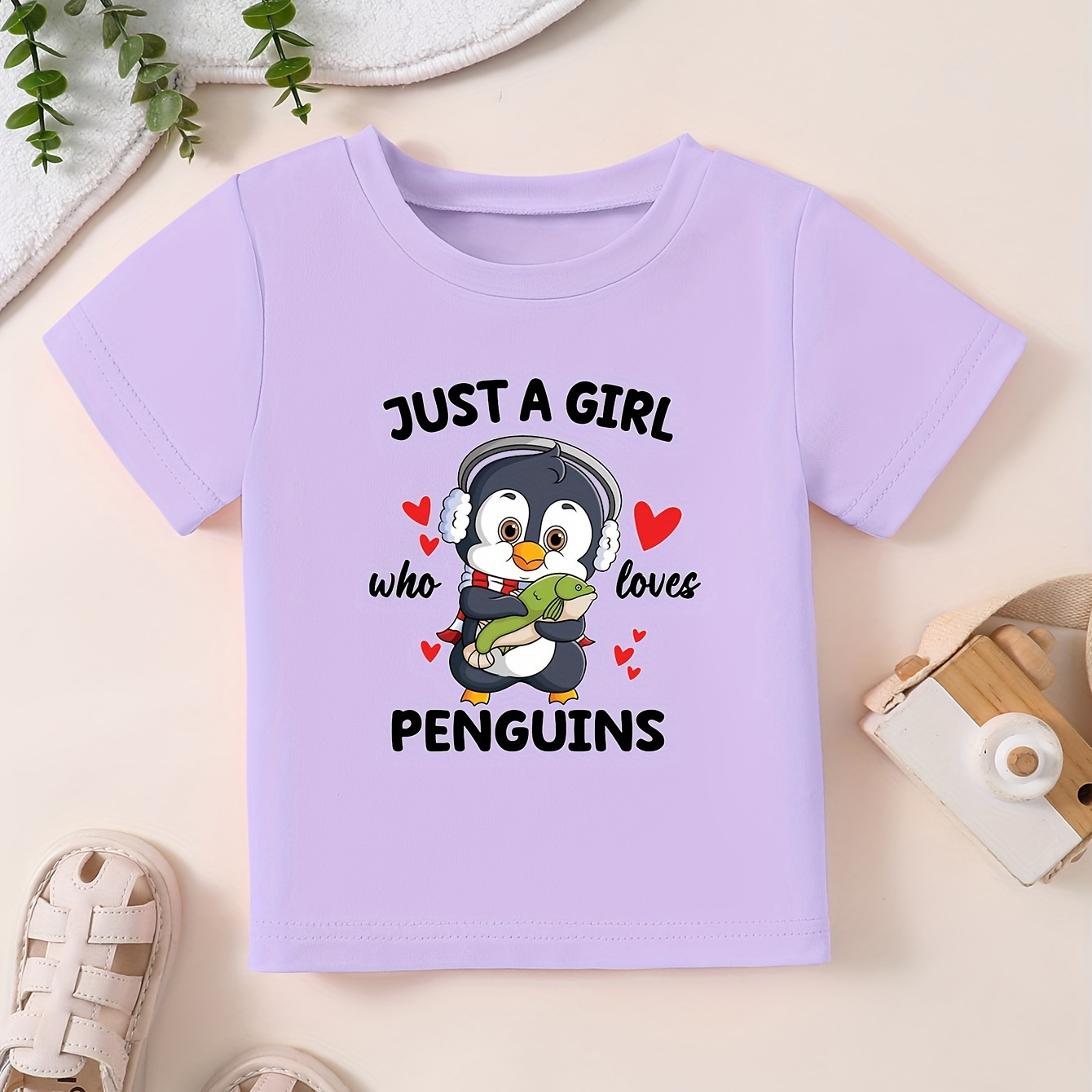 

Cartoon Penguin Print Girl's T-shirt, Kids Casual Short Sleeve Breathable Comfortable Summer Outdoor Top