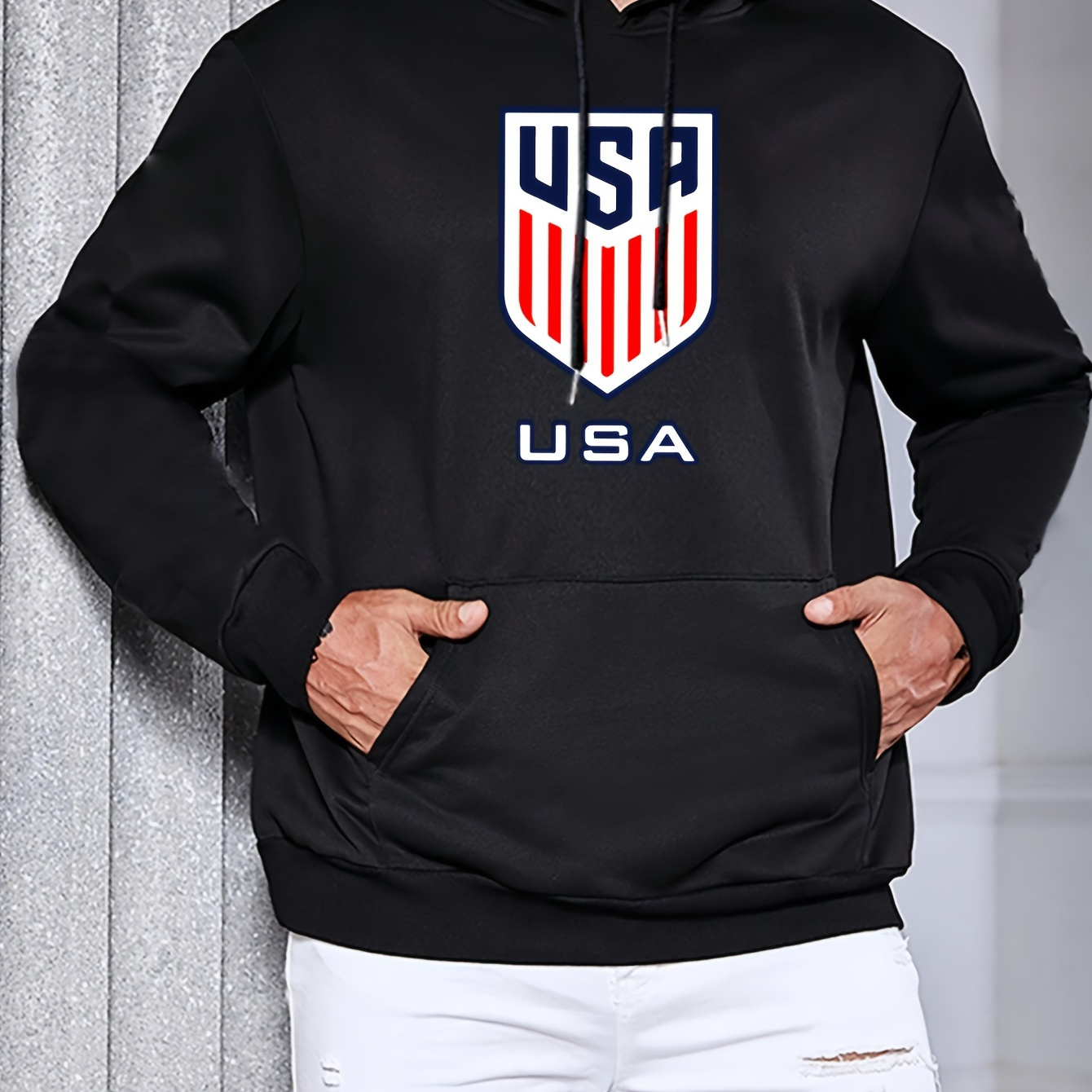 

Usa Graphic Geometric Pattern Polyester Hoodie - Casual Knit Fabric Long Sleeve Hooded Sweatshirt With Stretch And Front Pocket