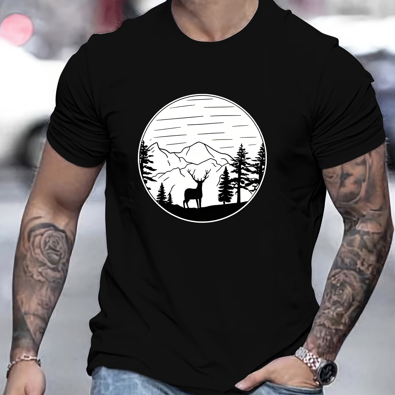 

Deer In The Wild Print T Shirt, Tees For Men, Casual Short Sleeve T-shirt For Summer