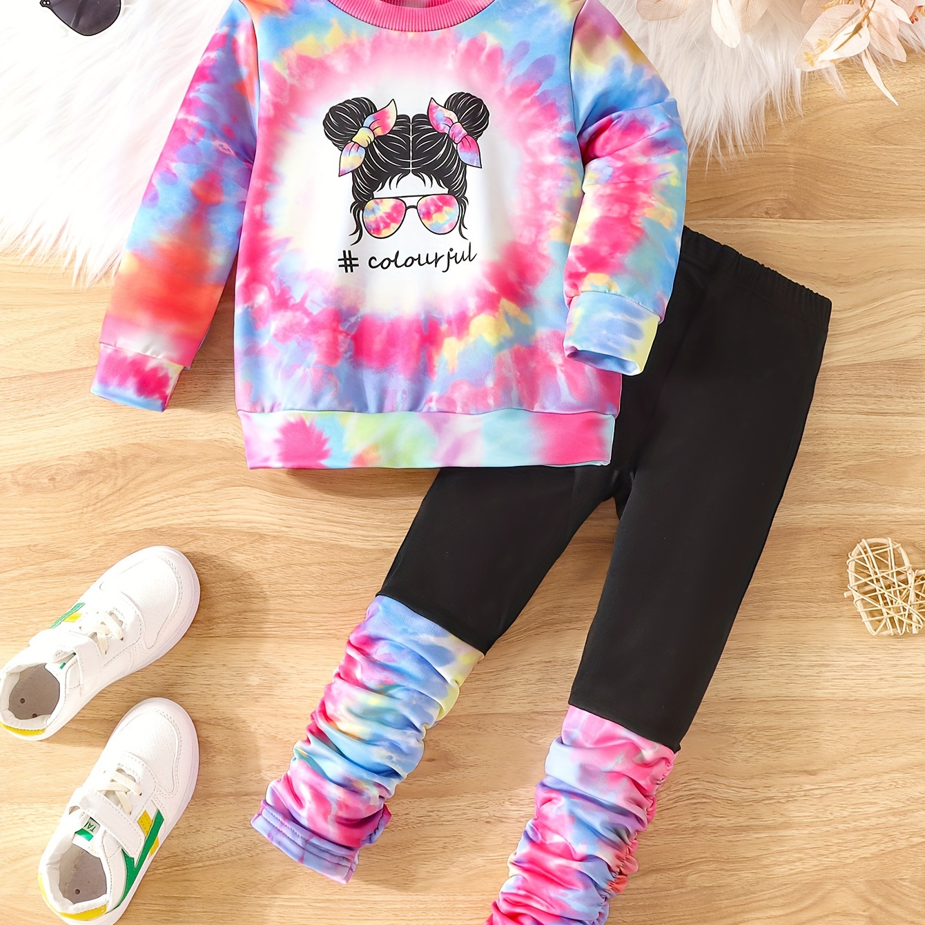

2pcs Girl's Tie-dye Sweatshirt Outfit, Anime Girl Pattern Long Sleeve Top & Pants Set, Kid's Clothes For Spring Fall