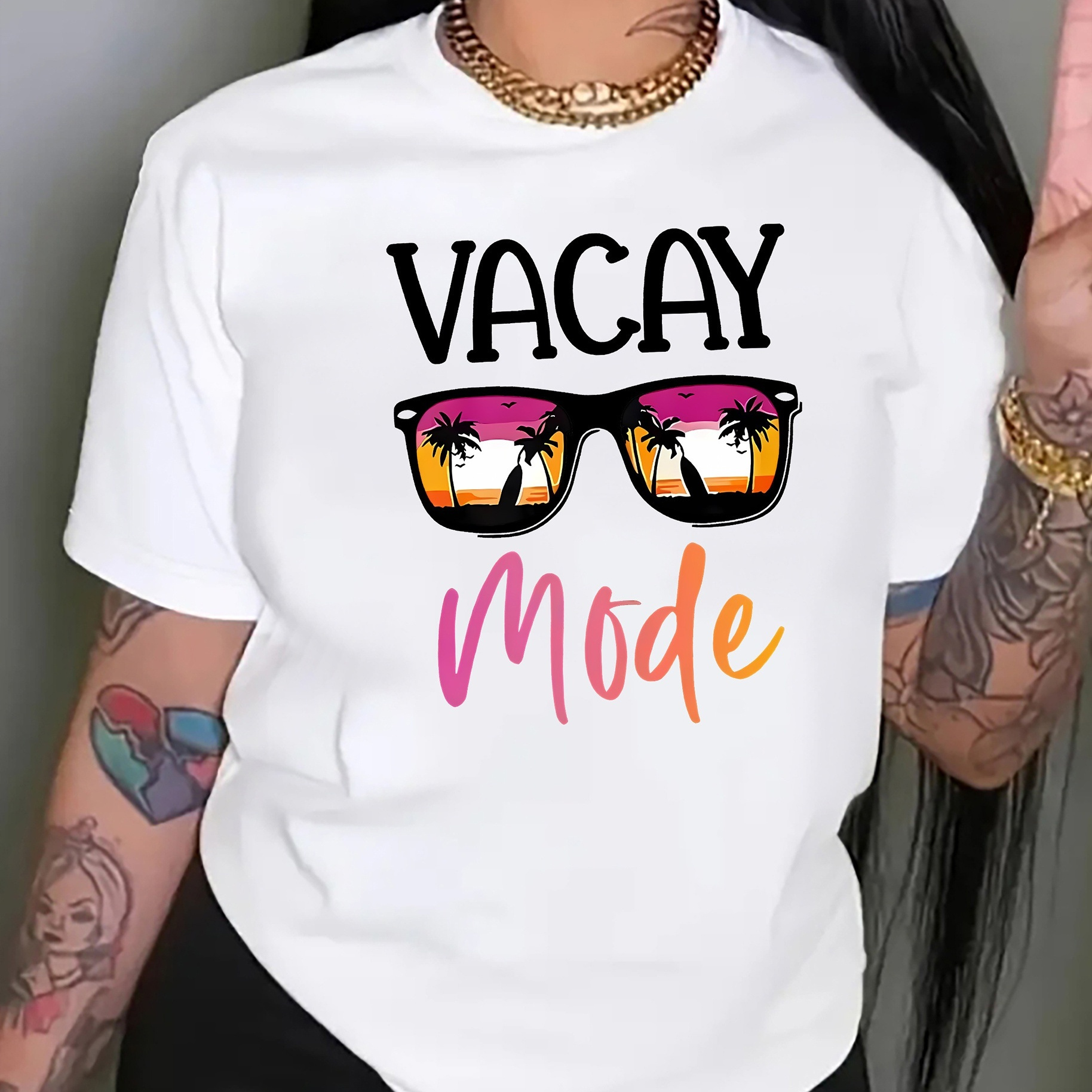 

Women's Casual "vacay Mode" Graphic Tee With Sunglasses Design, Versatile Short-sleeve T-shirt Top, Sporty And Stylish