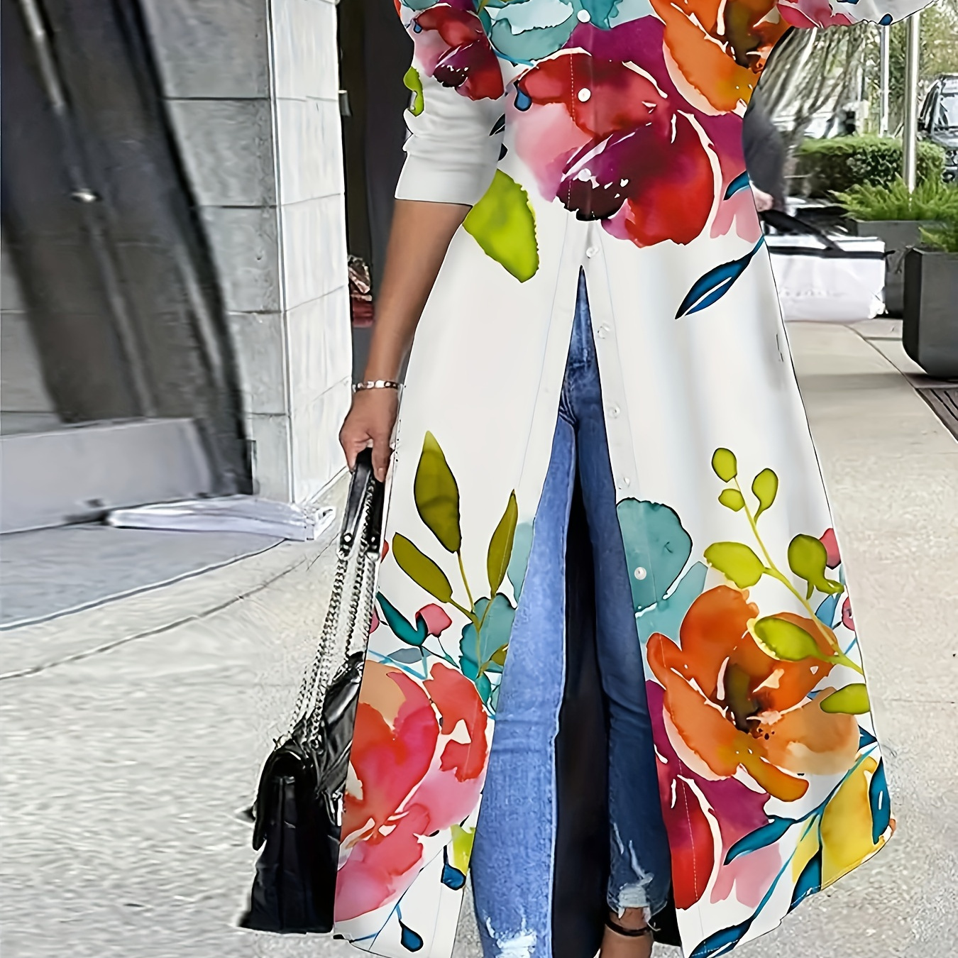 

Plus Size Floral Print Button Front Dress, Casual Collared Long Sleeve Dress For Spring & Fall, Women's Plus Size Clothing