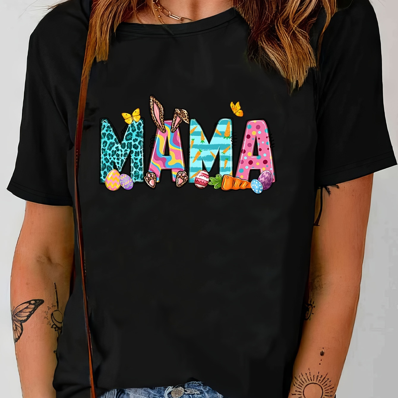 

Easter Day Mama Print T-shirt, Short Sleeve Crew Neck Casual Top For Spring & Summer, Women's Clothing