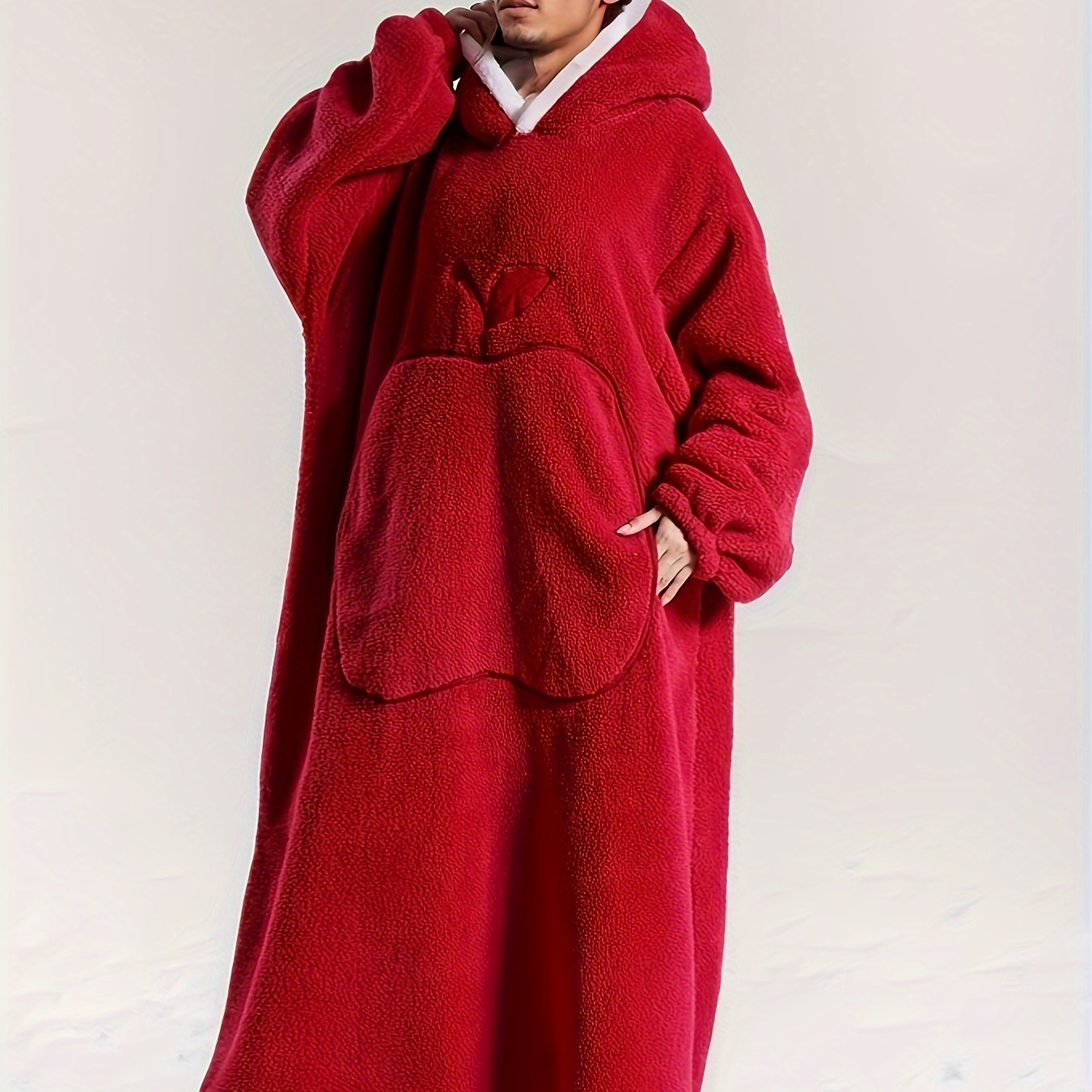 

Cozy Oversized Red Hooded Fleece Robe For Men - , Breathable, Cozy Winter Loungewear With Pockets, Fall And Winter