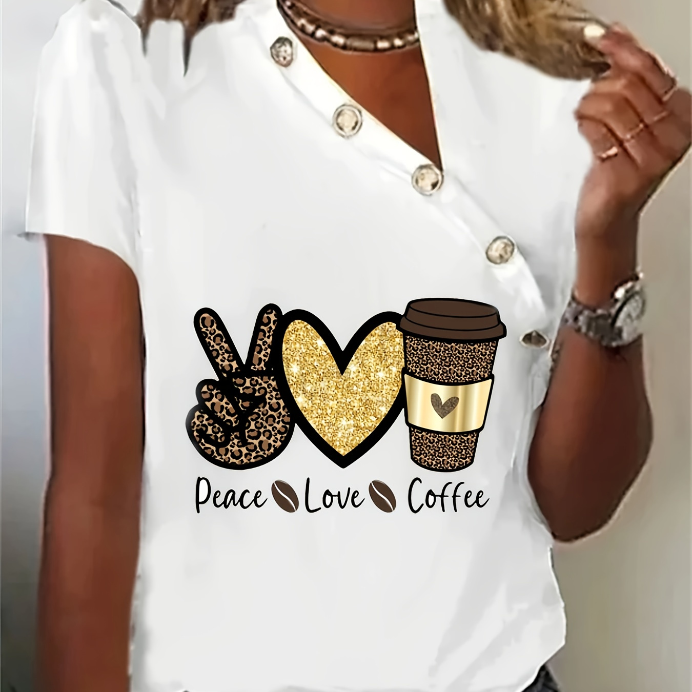 

Love & Coffee Print T-shirt, Casual Button Decor Short Sleeve Top For Spring & Summer, Women's Clothing