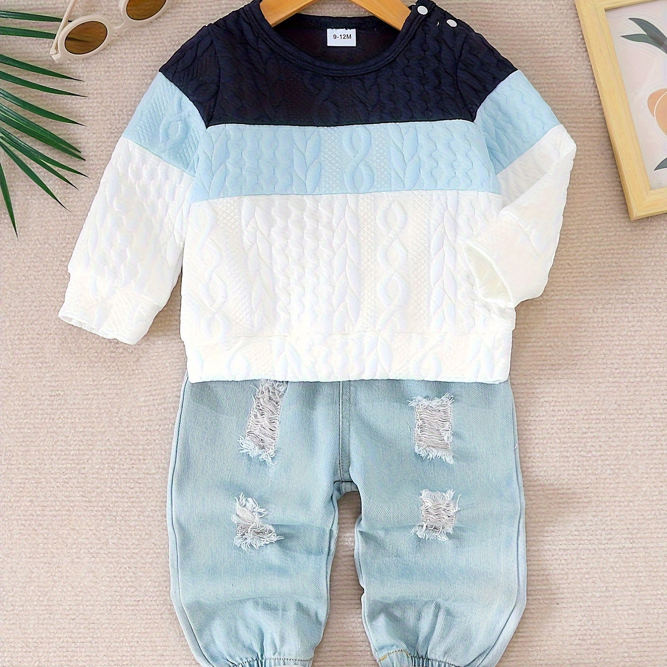 

2pcs Baby's Color Clash Jacquard Sweatshirt & Casual Ripped Jeans, Toddler & Infant Boy's Clothing Set