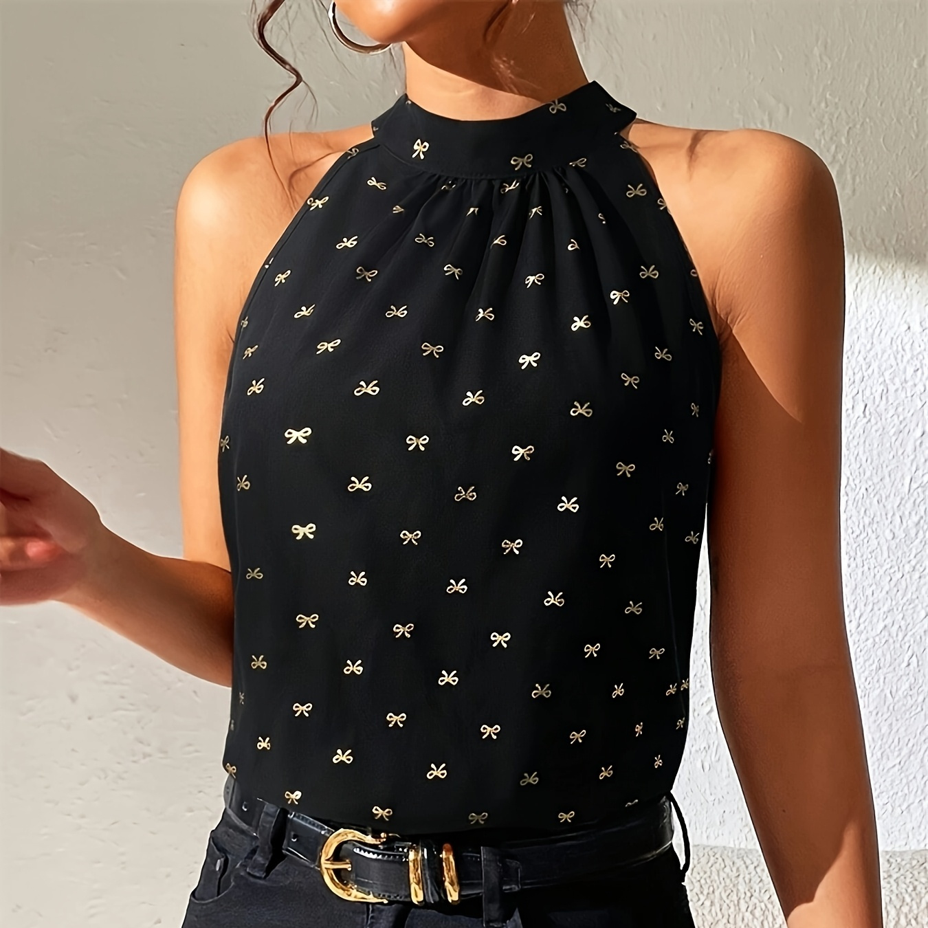 

1pc Elegant Sleeveless Blouse For Women, Polyester Fabric With Christmas Bow Pattern, Spring/summer Season, Adult Round Neck Top