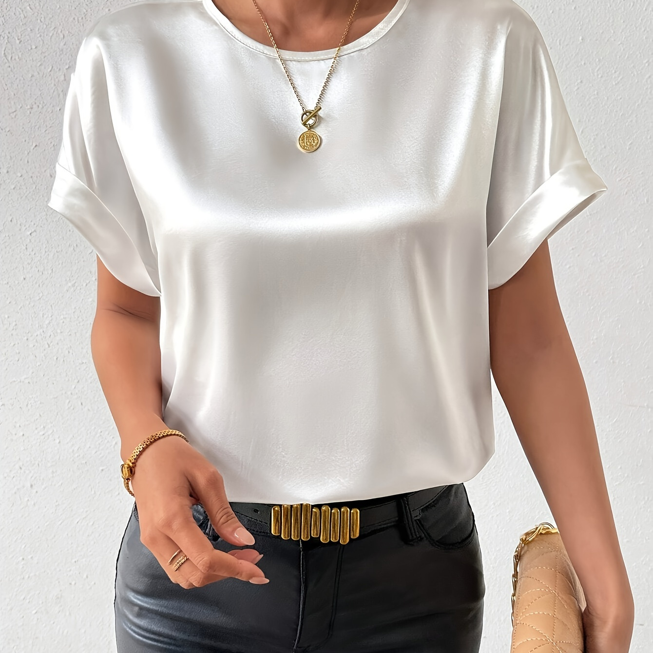 

[ Build] Women's Polyester Crew Neck Batwing Short Sleeve Shirt - Solid Color Woven Blouse For Spring/summer/fall, Top|batwing Sleeve Design|smooth Texture