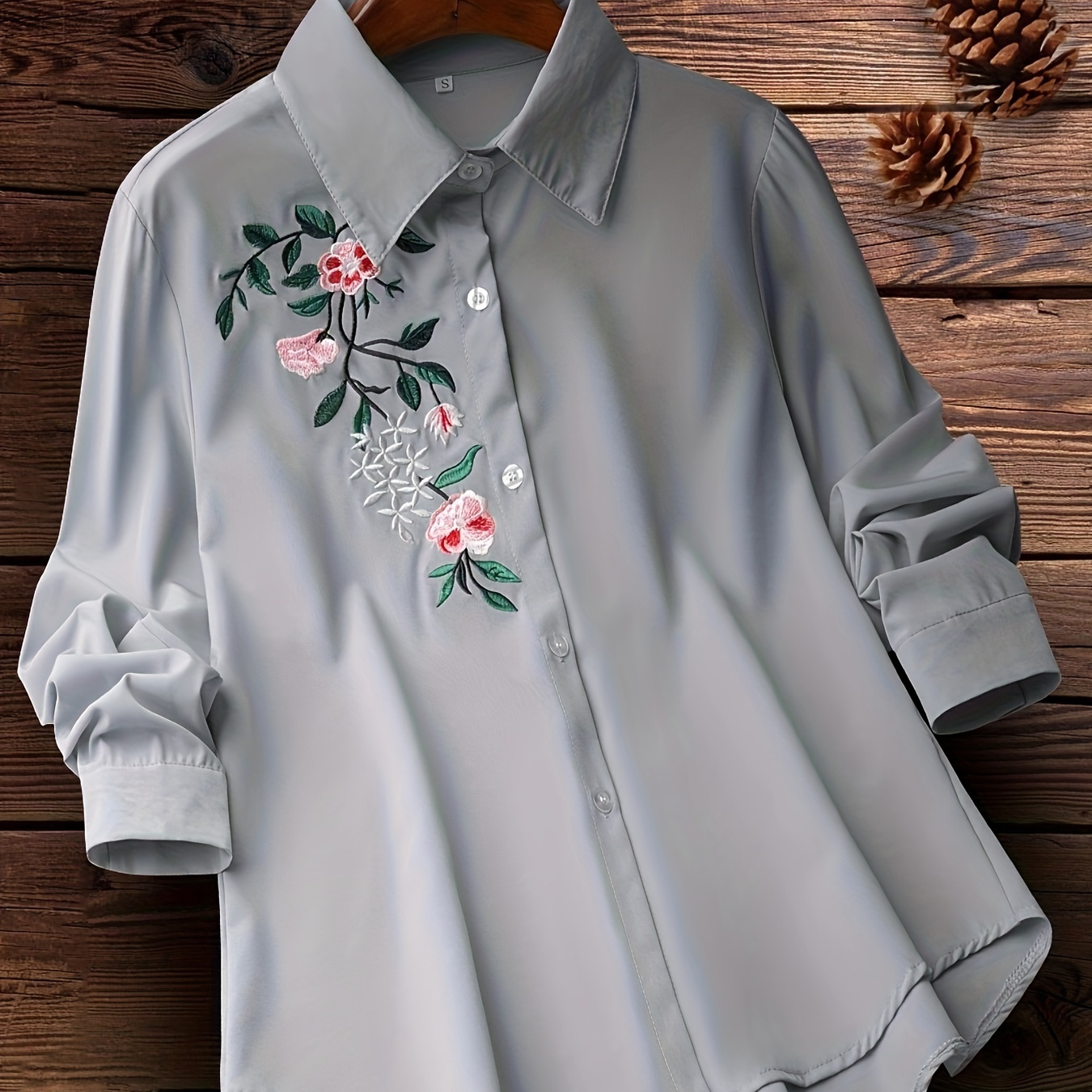 

Floral Embroidered Button Down Shirt, Vintage Long Sleeve Shirt For Spring & Fall, Women's Clothing