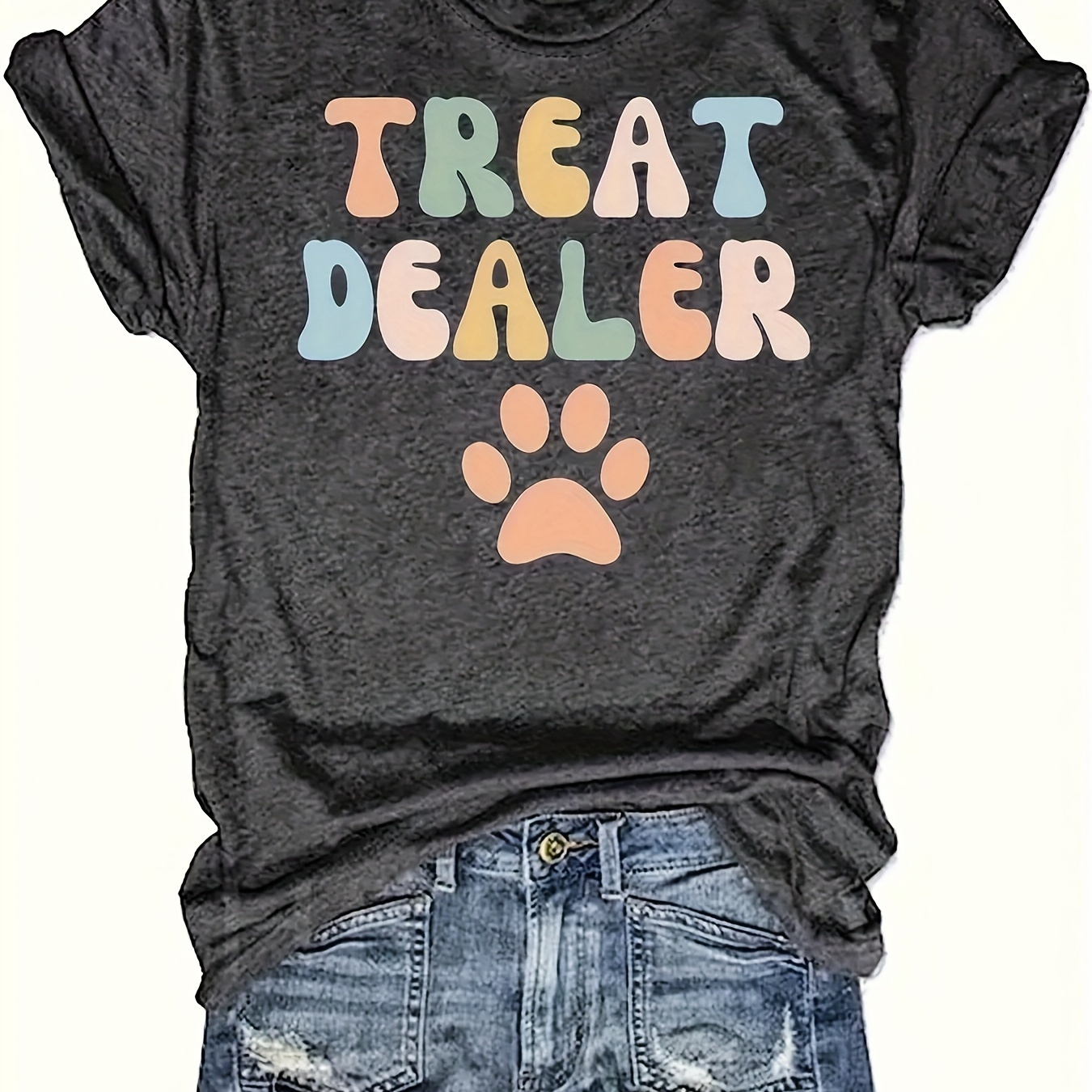 

1pc Summer Casual Crew Neck T-shirt, Polyester Knit Fabric With Slight Stretch, Alphabet Pattern "treat " Paw , Loose Fit Short Sleeve Tee For Dog Lovers